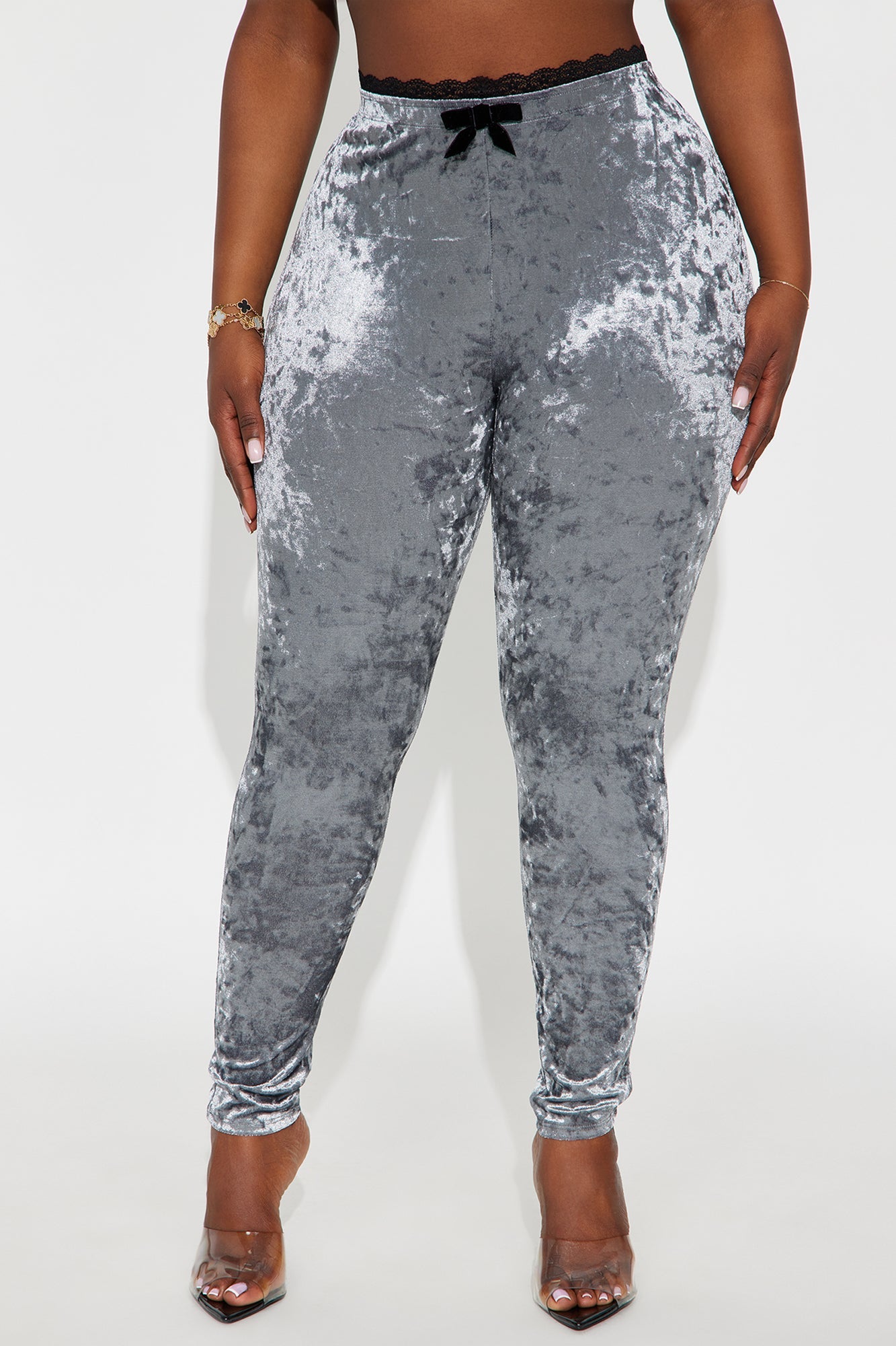 Valentina Solid Lace Trim Hammered Velvet Legging - Silver