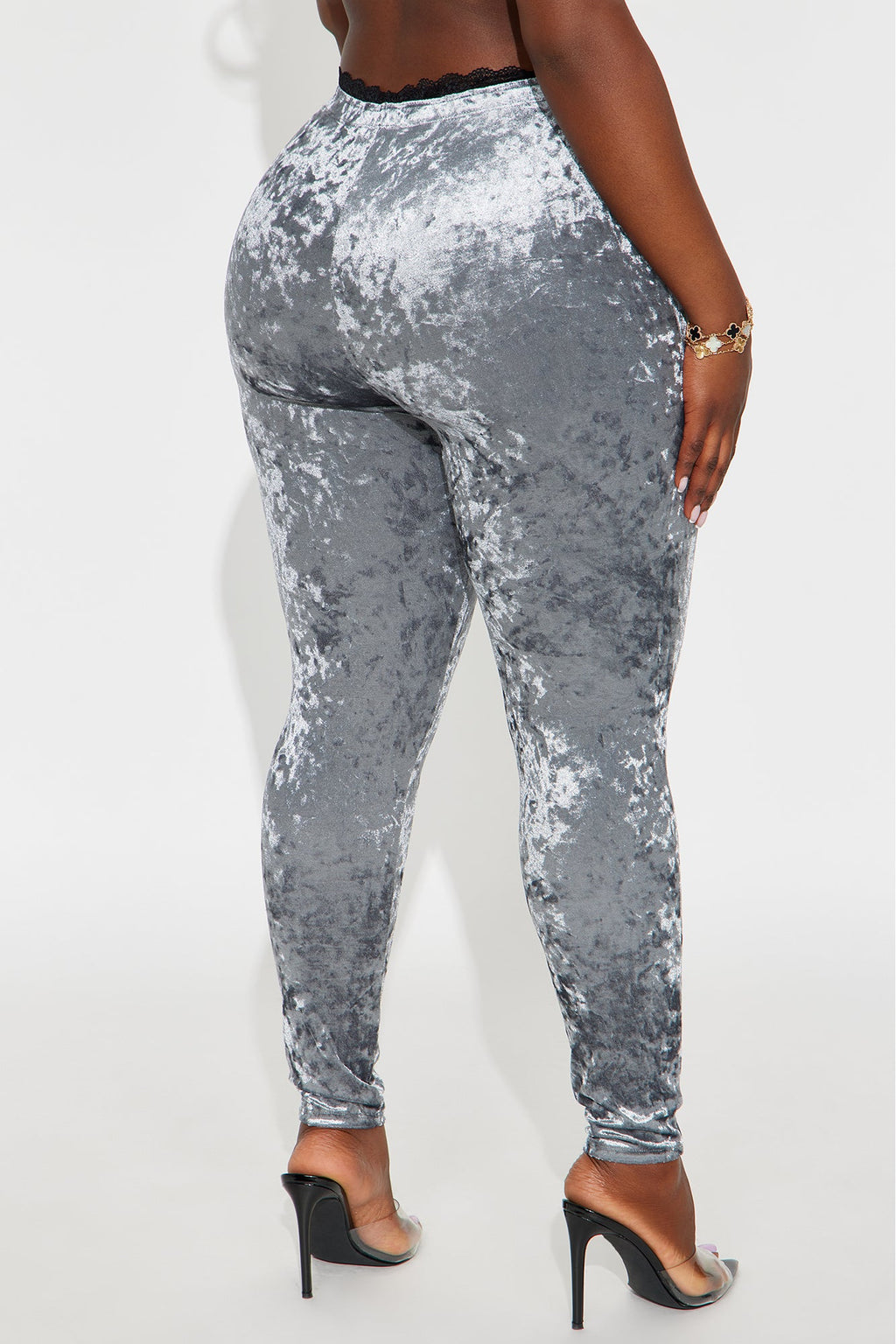 Valentina Solid Lace Trim Hammered Velvet Legging - Silver
