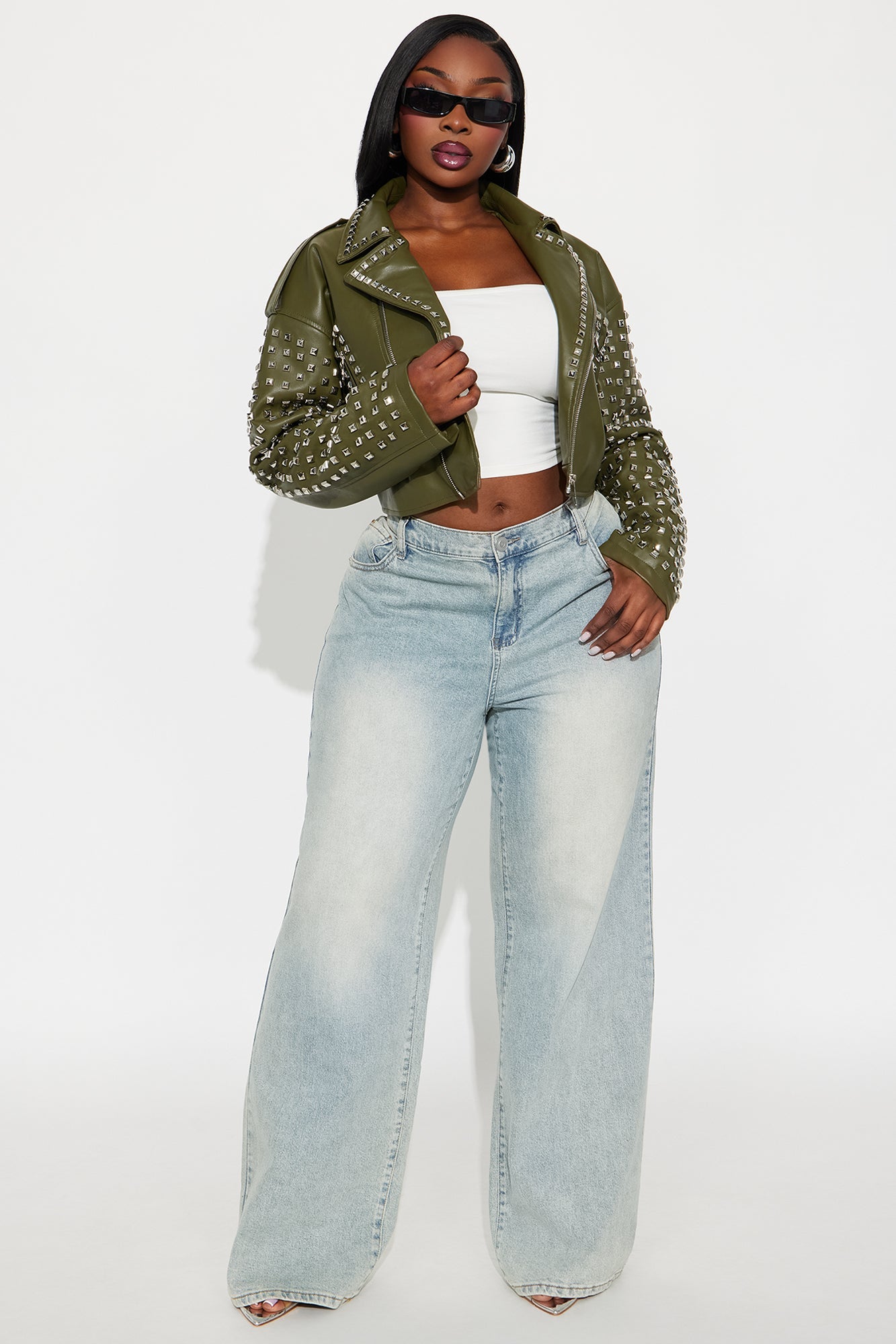On Tour Studded Faux Leather Moto Jacket - Olive 