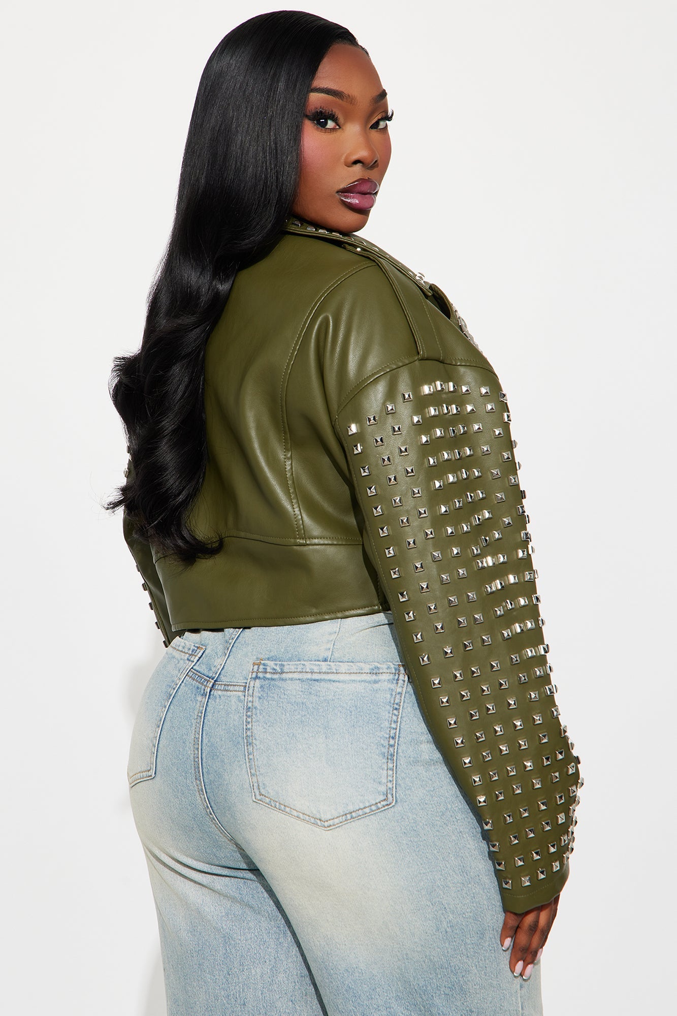 On Tour Studded Faux Leather Moto Jacket - Olive 
