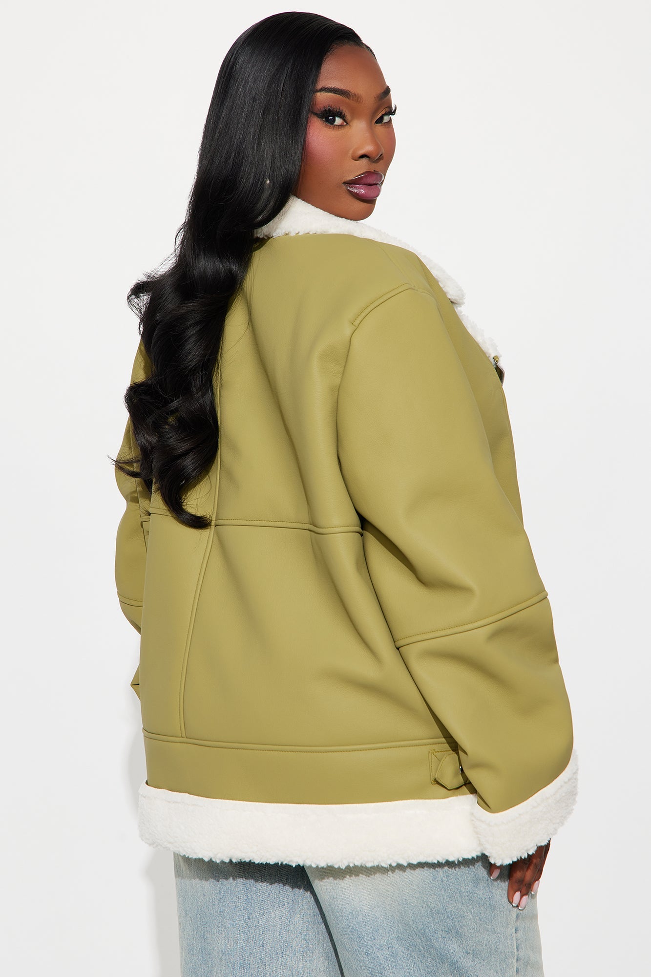 Simone Faux Leather Fur Lined Moto Jacket - Olive 