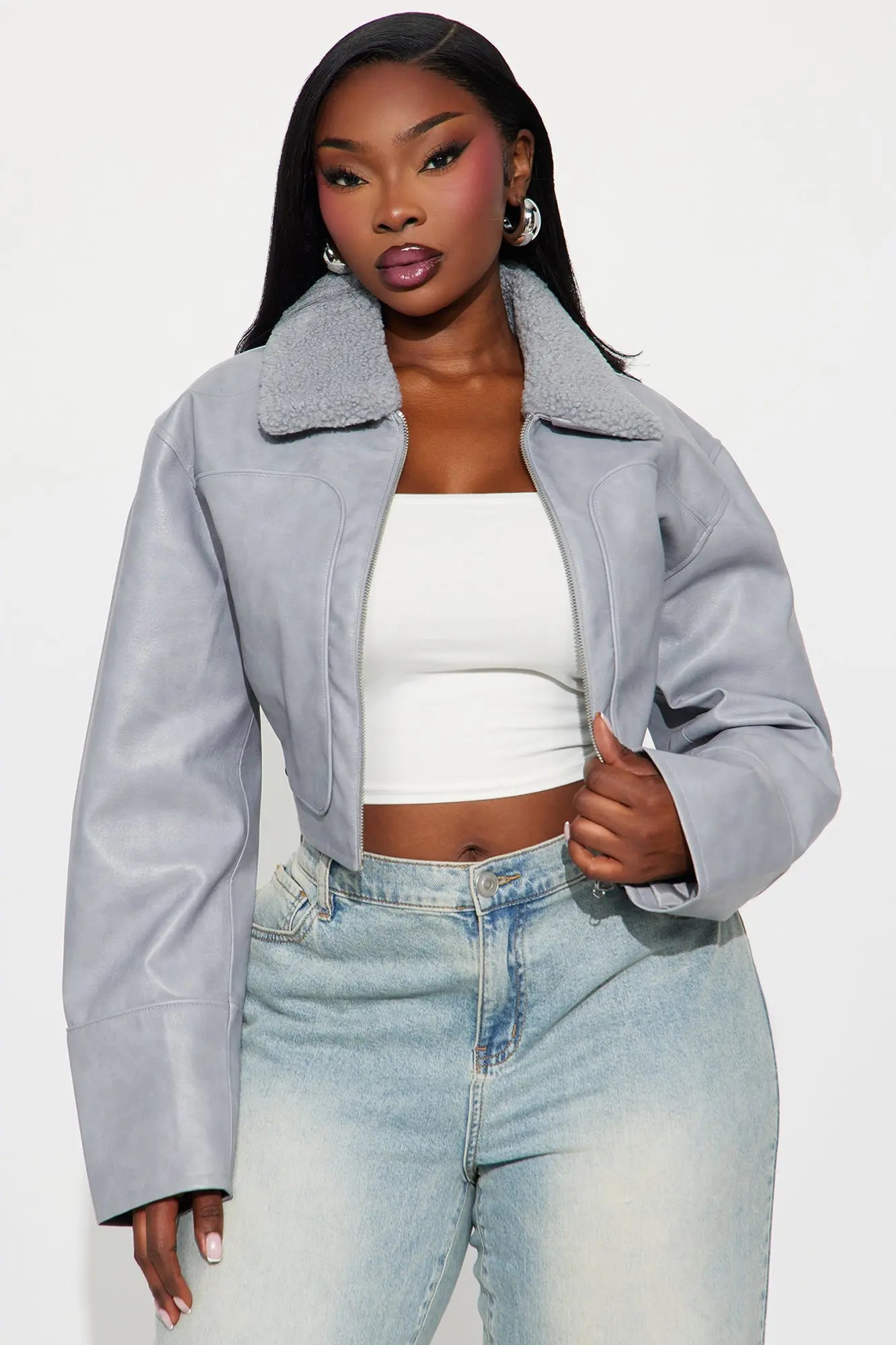 Fly High Faux Leather Cropped Jacket - Grey 