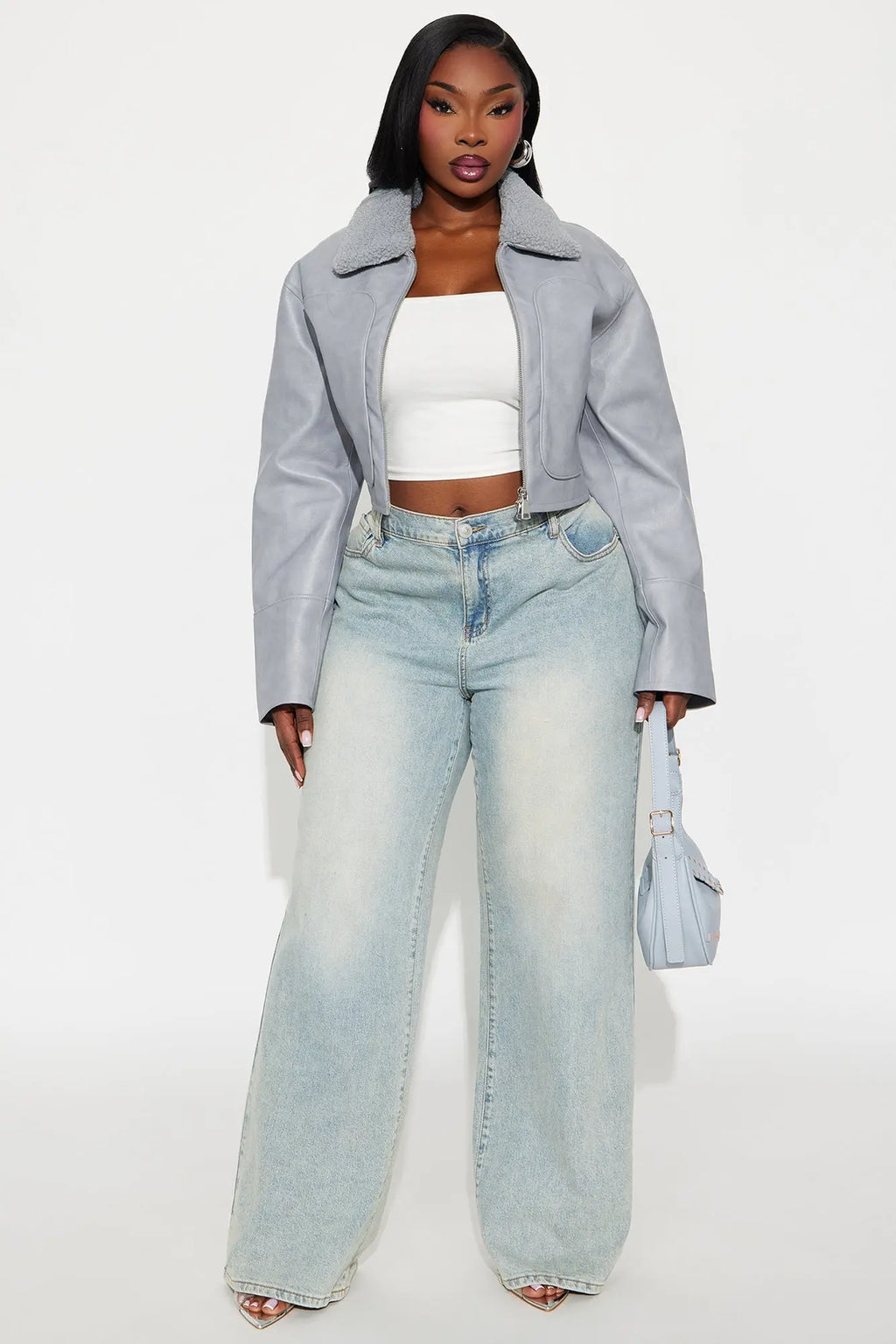 Fly High Faux Leather Cropped Jacket - Grey 