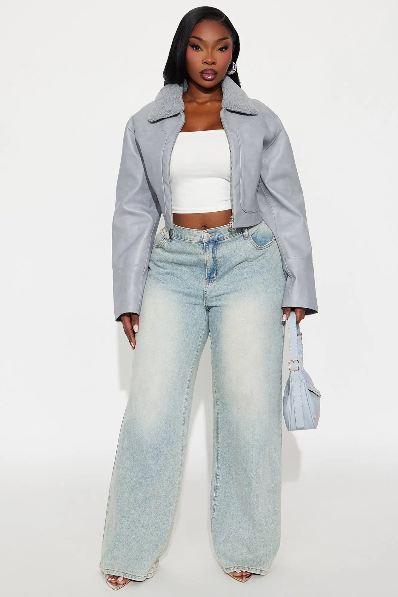 Fly High Faux Leather Cropped Jacket - Grey 