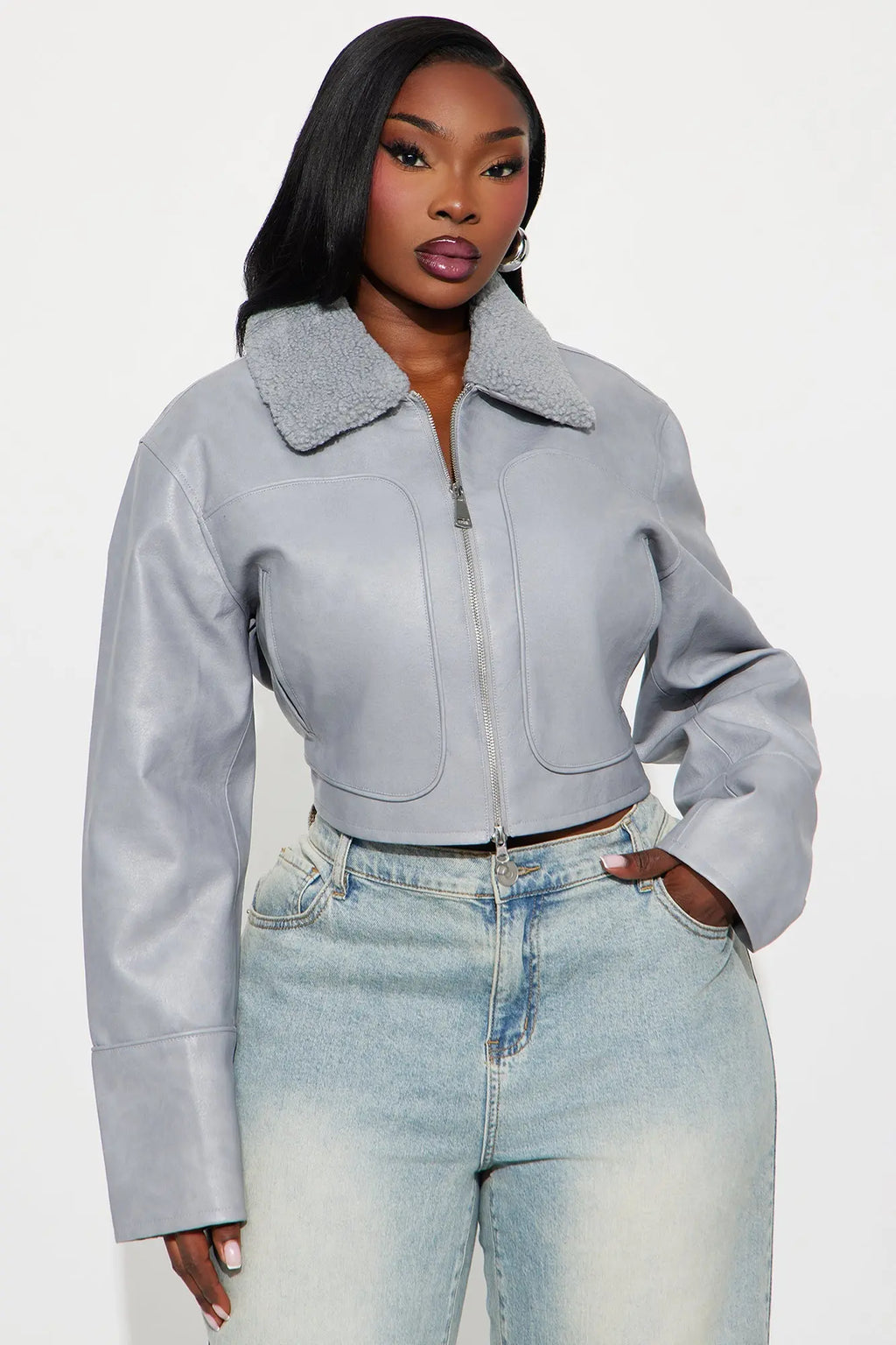 Fly High Faux Leather Cropped Jacket - Grey 
