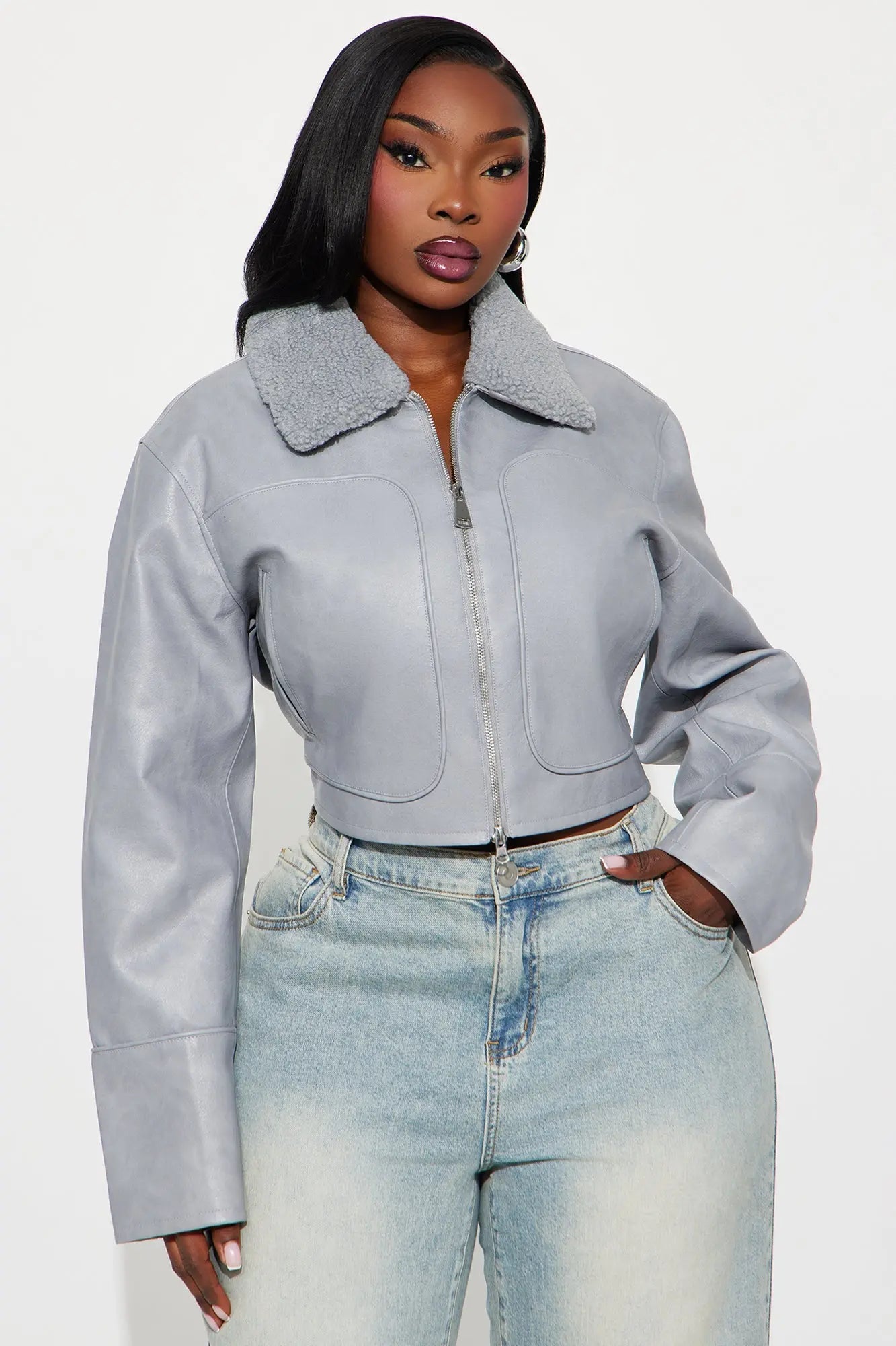 Fly High Faux Leather Cropped Jacket - Grey 