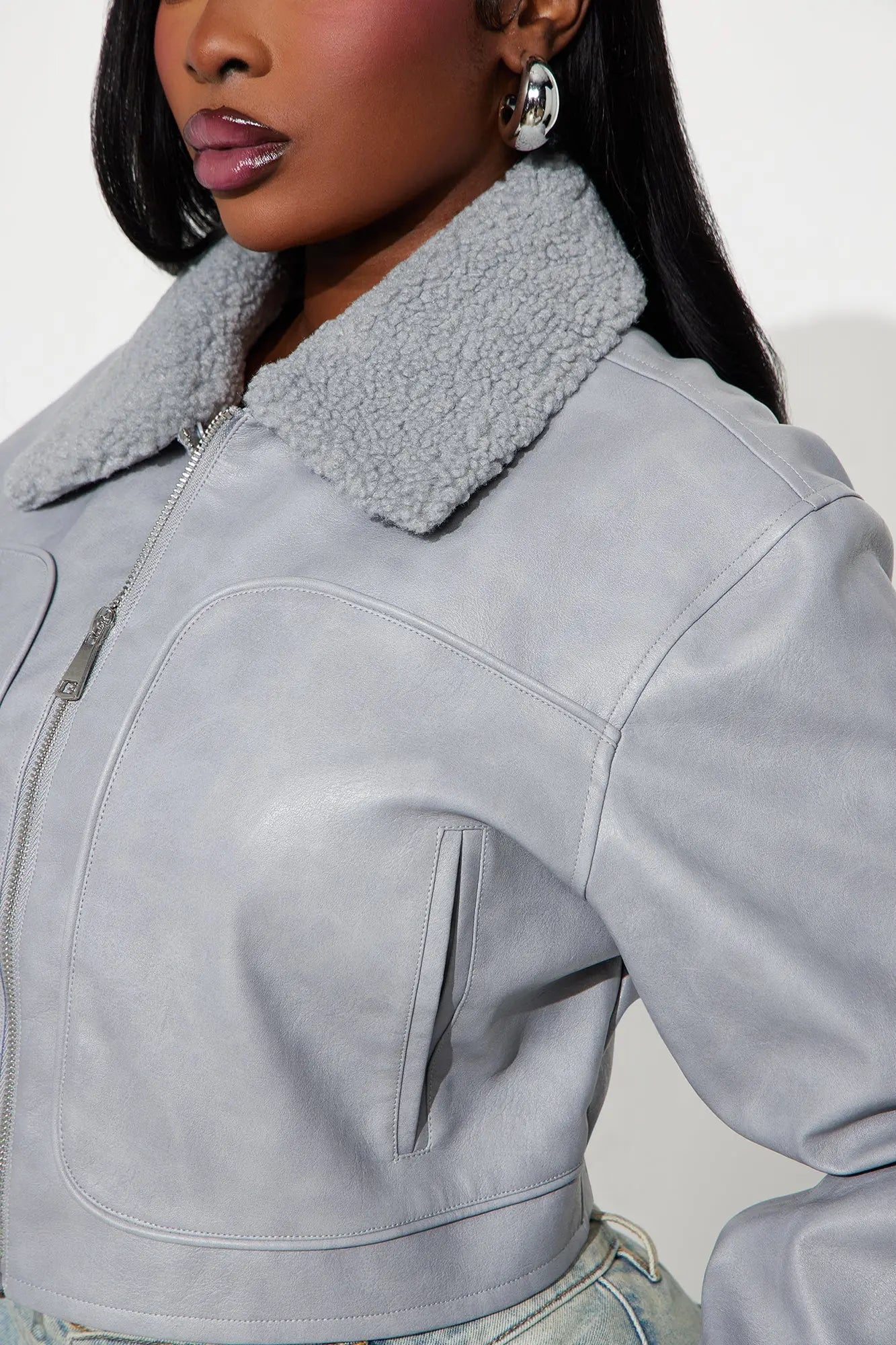 Fly High Faux Leather Cropped Jacket - Grey 