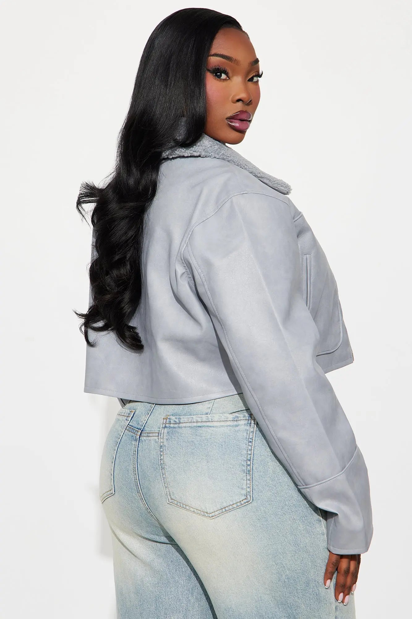 Fly High Faux Leather Cropped Jacket - Grey 
