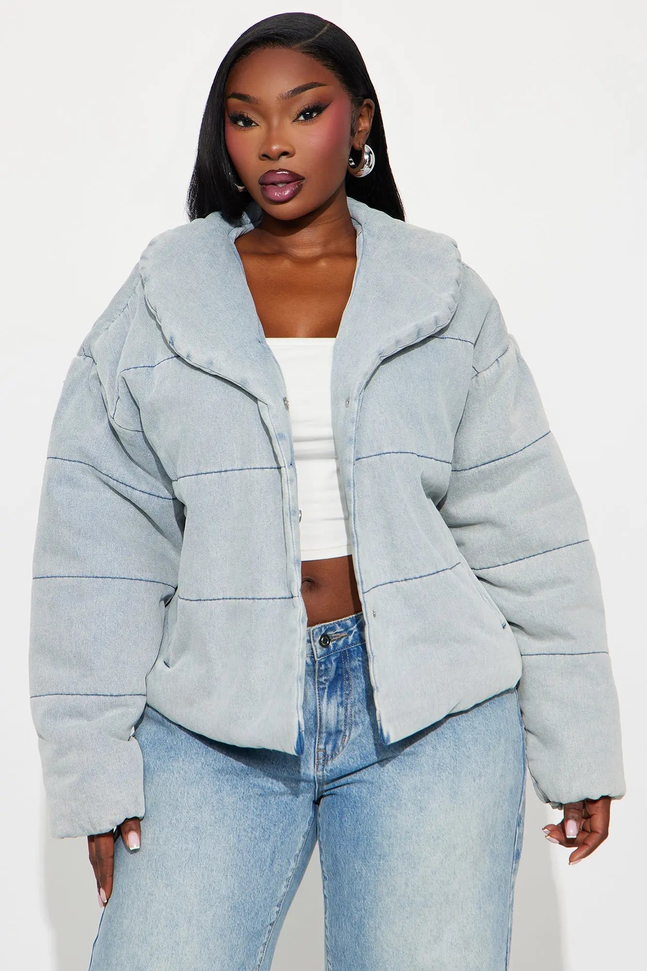 Ice Queen Denim Puffer Jacket - Light Wash 
