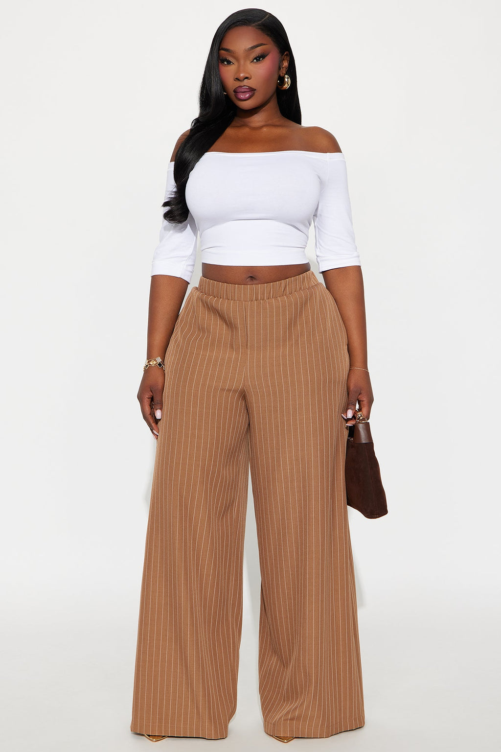 Easy To Wear Pinstripe Wide Leg Pant 32″ - Mocha