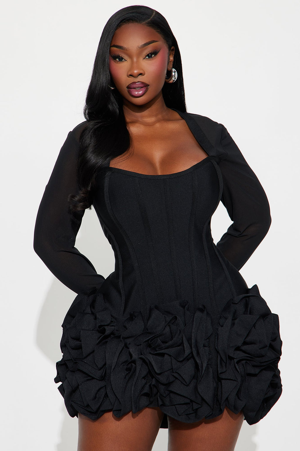 Blessed Beauty Long Sleeve Rufﬂe Rosette Bandage Mini Dress - Black