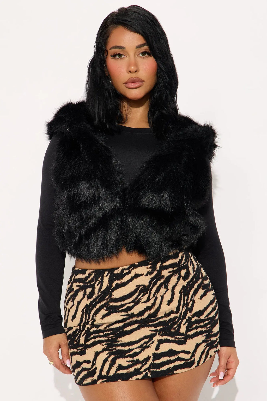 Eliza Faux Fur Hooded Vest - Black 