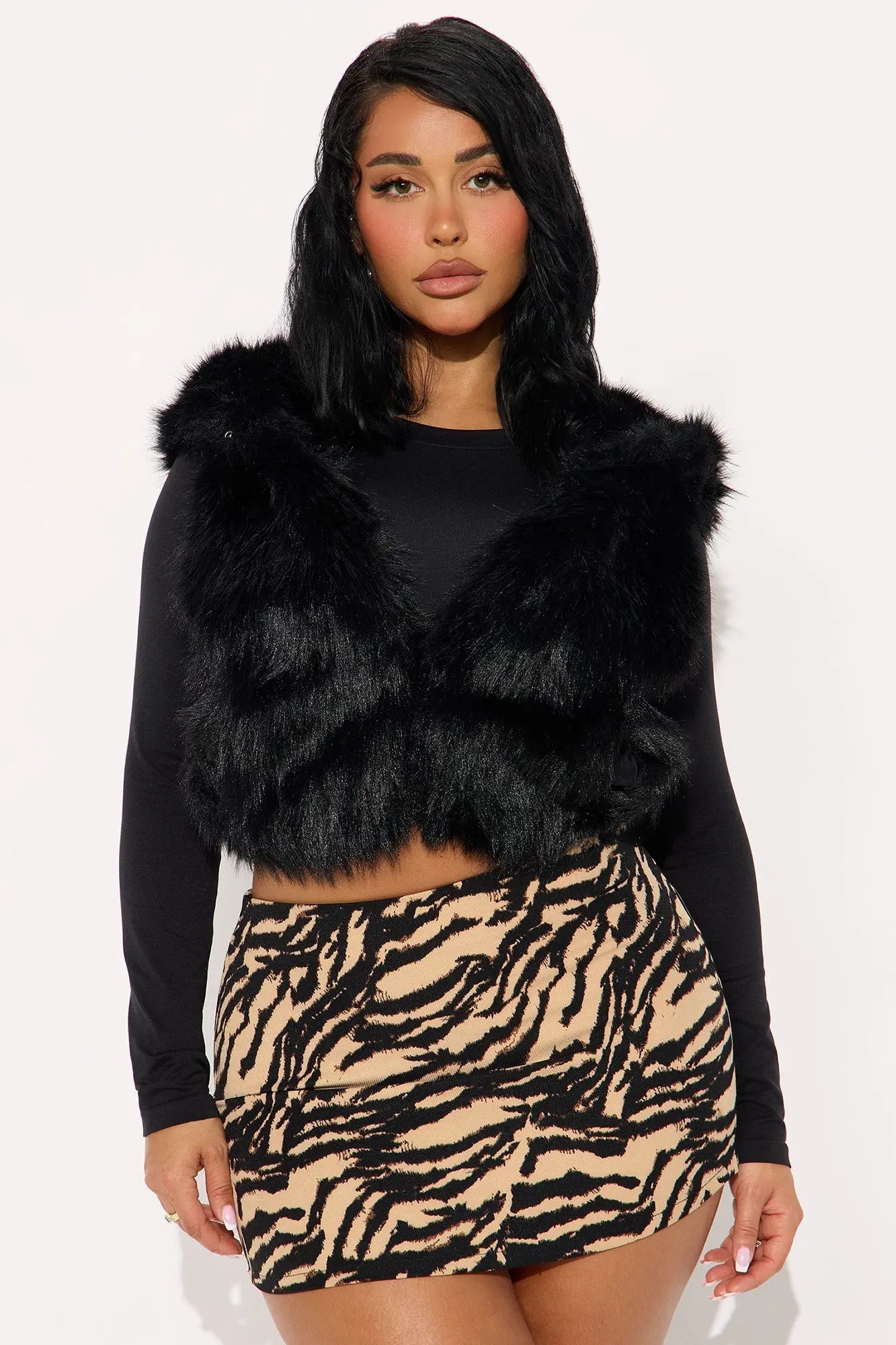 Eliza Faux Fur Hooded Vest - Black 
