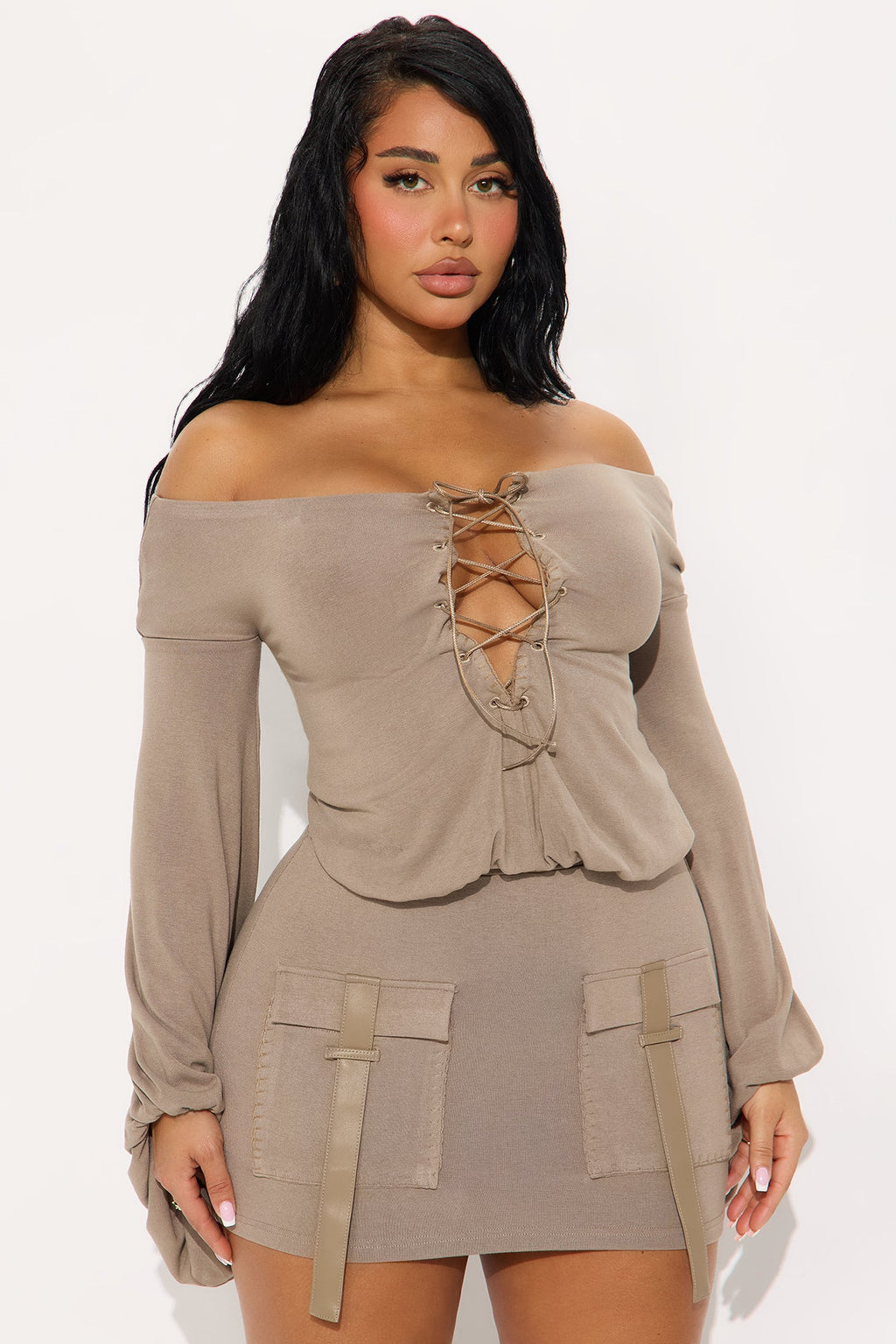 Tied To You Off Shoulder Skirt Set - Mocha 