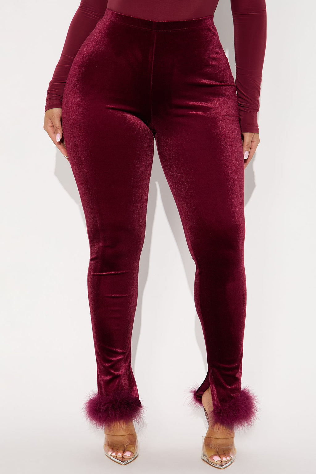 Steal The Night Fur Trim Velvet Legging - Burgundy 
