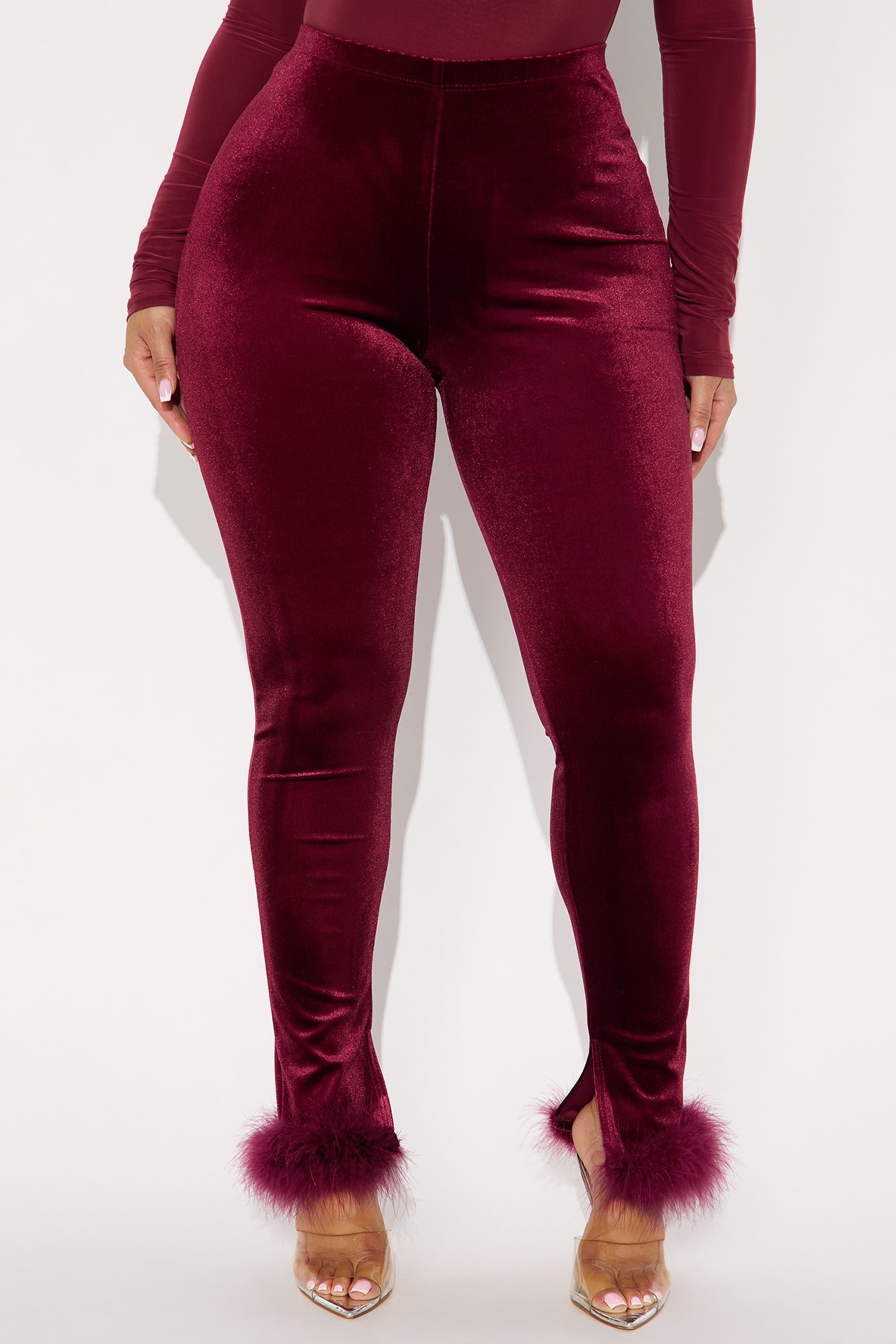Steal The Night Fur Trim Velvet Legging - Burgundy 