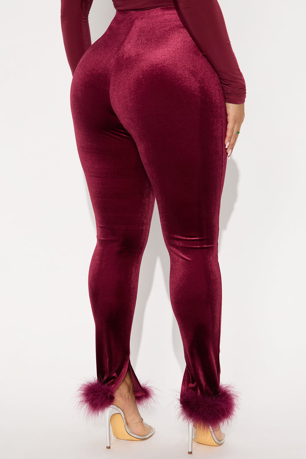 Steal The Night Fur Trim Velvet Legging - Burgundy 