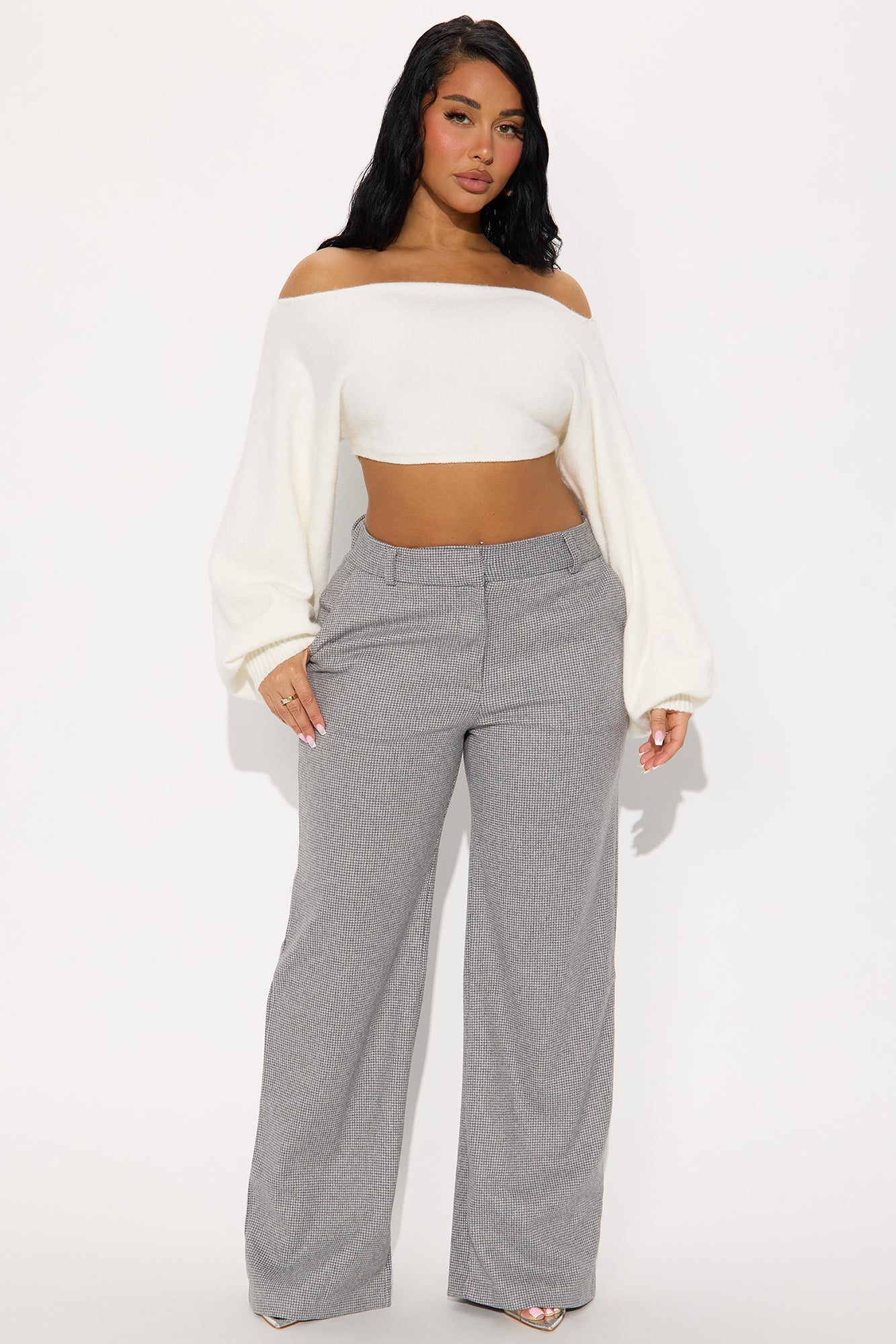 Let's Go For A Chat Wide Leg Houndstooth Pant 31 - Grey 
