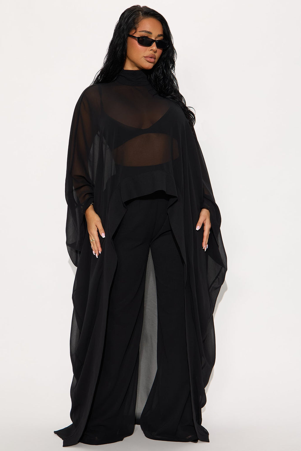Sheer Moment Draped Pant Set - Black 