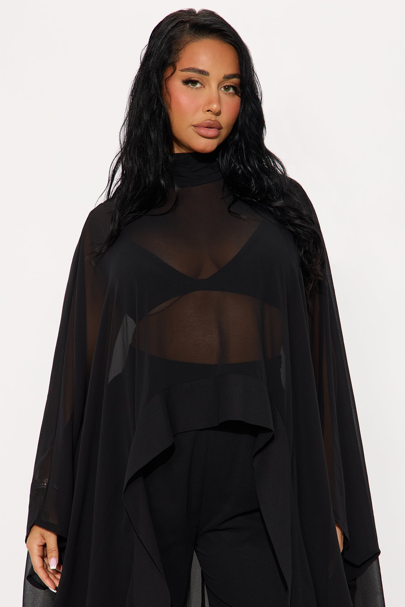 Sheer Moment Draped Pant Set - Black 