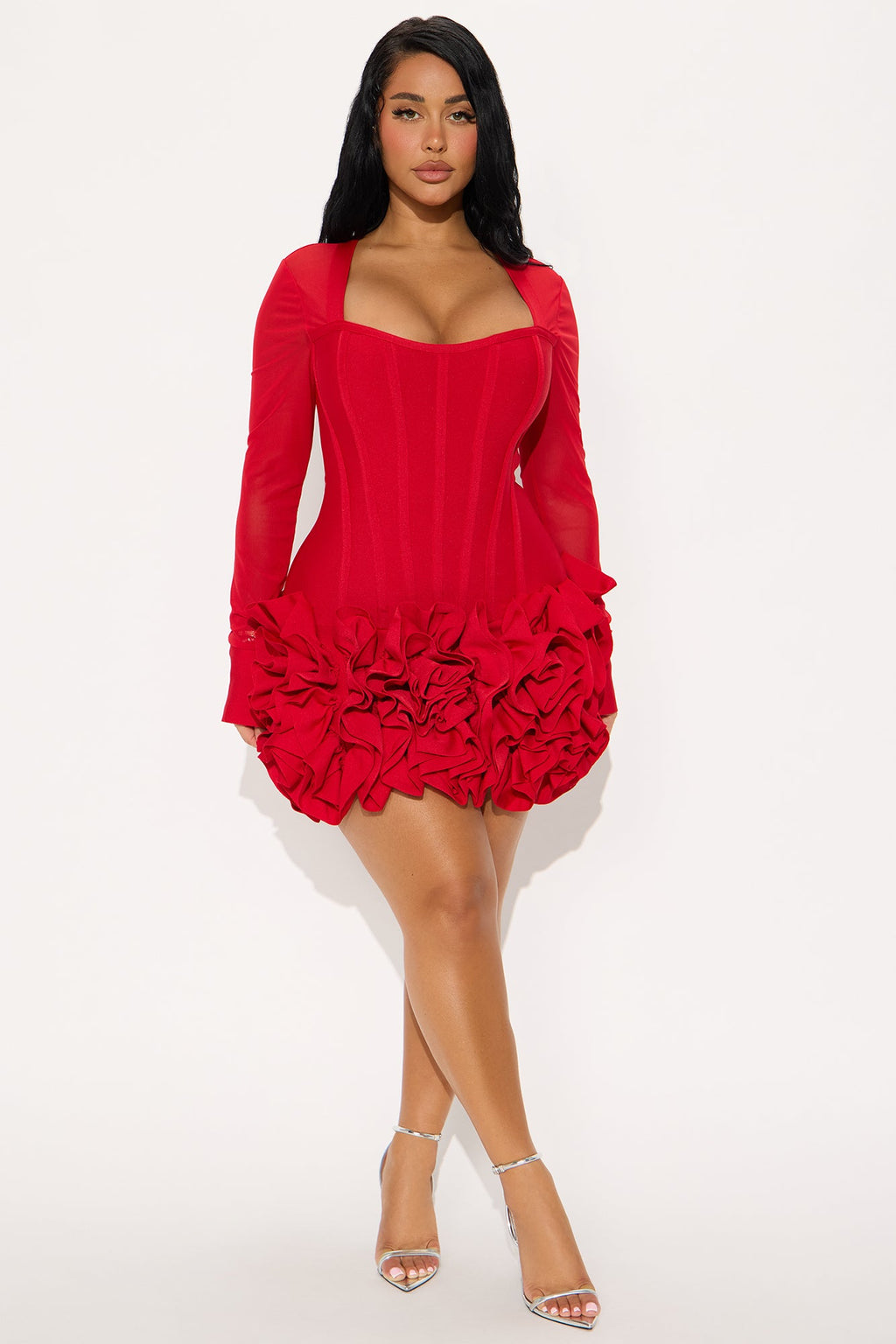 Blessed Beauty Long Sleeve Rufﬂe Rosette Bandage Mini Dress - Red
