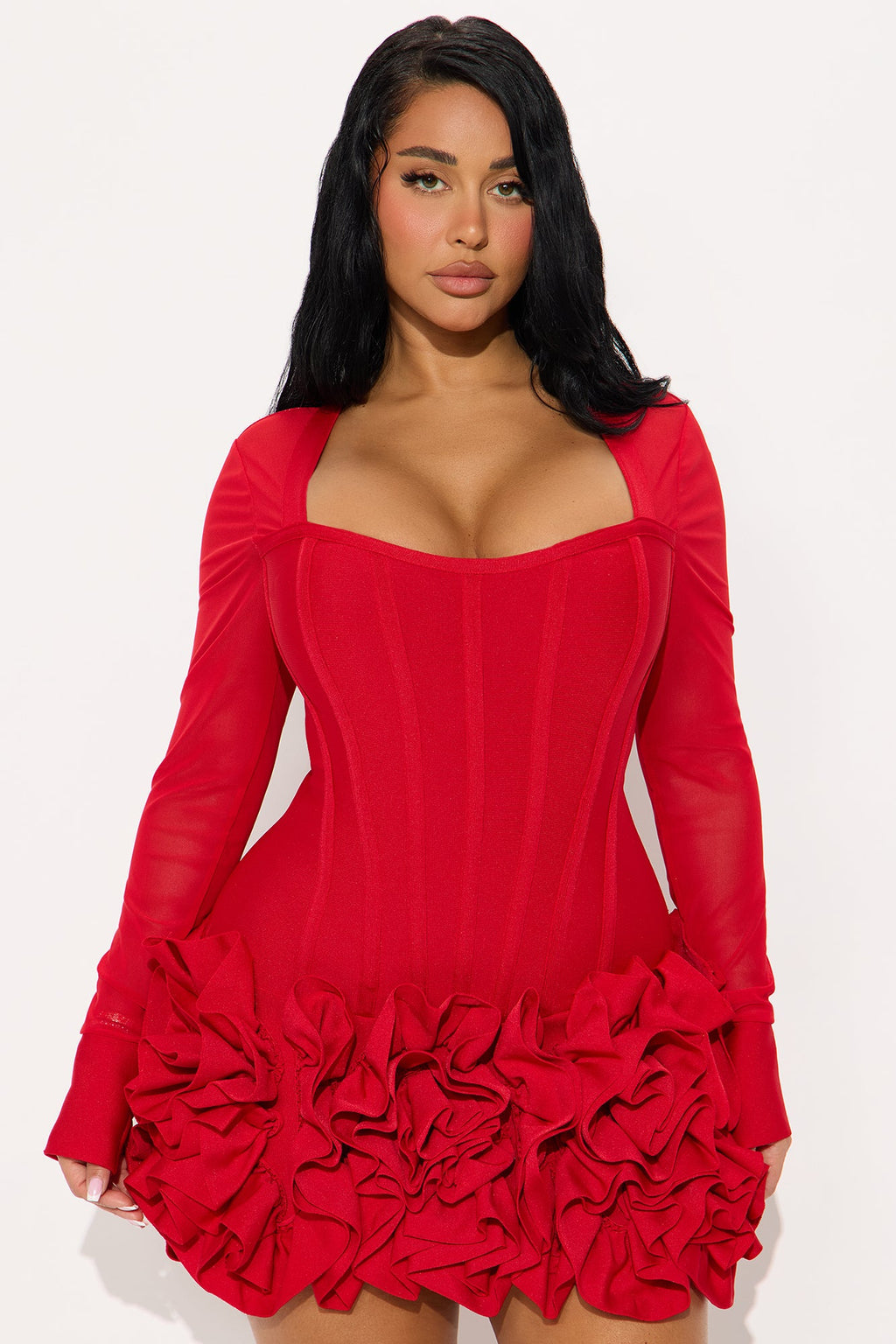 Blessed Beauty Long Sleeve Rufﬂe Rosette Bandage Mini Dress - Red
