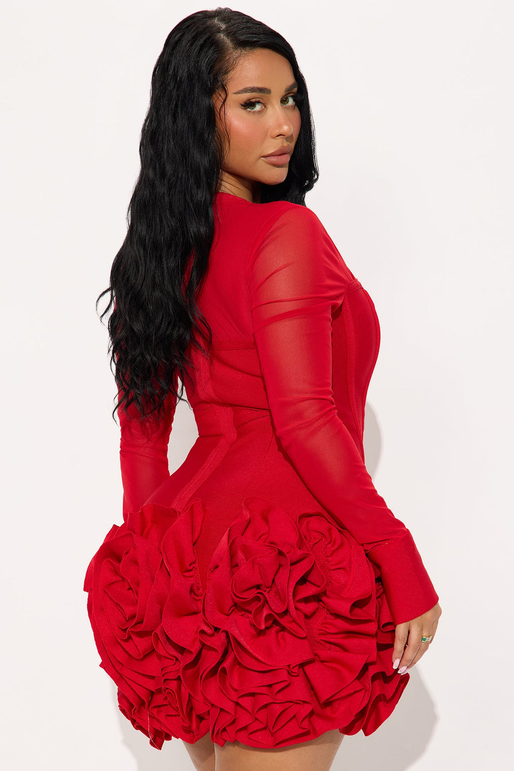 Blessed Beauty Long Sleeve Rufﬂe Rosette Bandage Mini Dress - Red