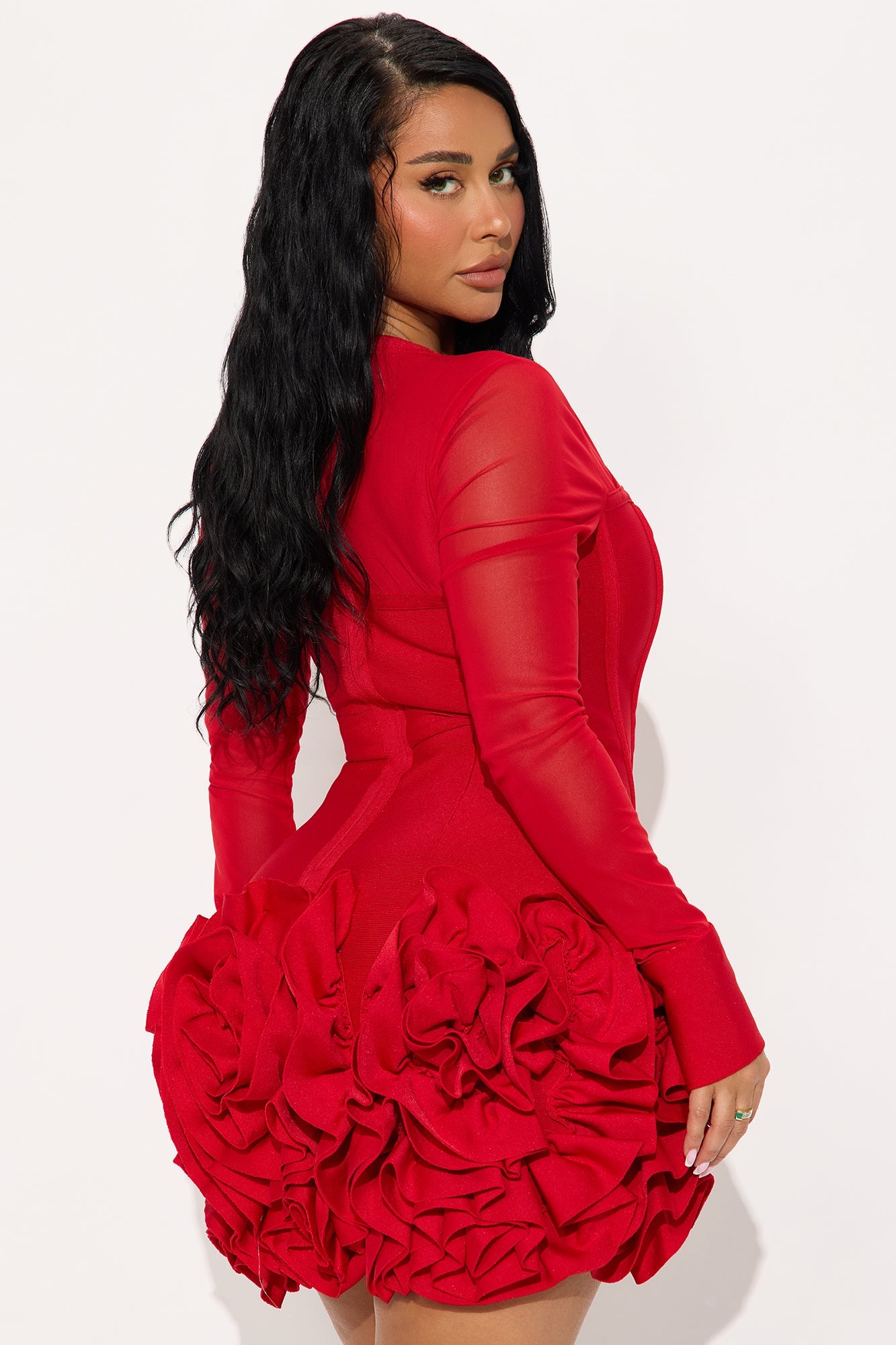 Blessed Beauty Long Sleeve Rufﬂe Rosette Bandage Mini Dress - Red