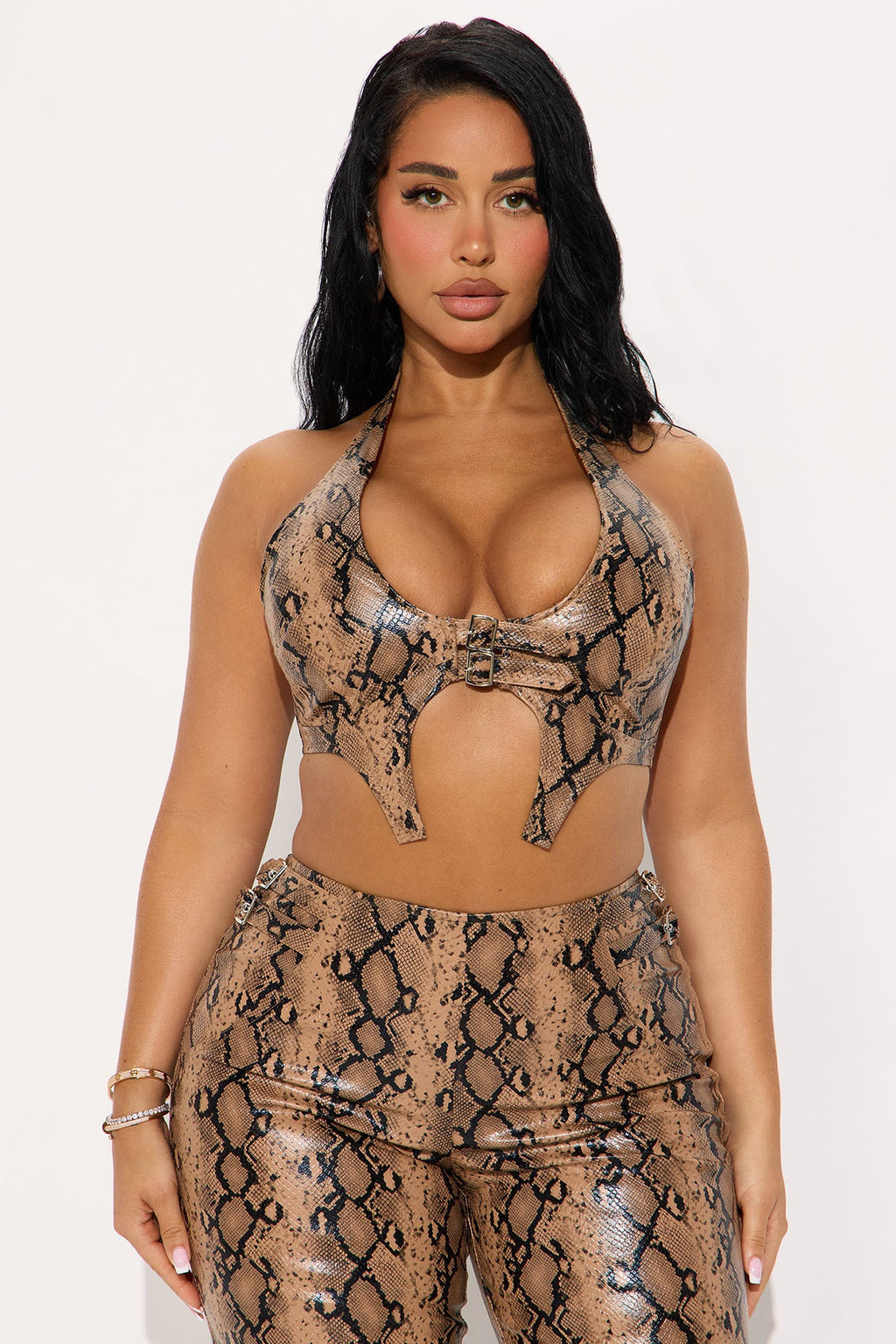 Victoria Faux Leather Snake Pant Set - Mocha/combo 