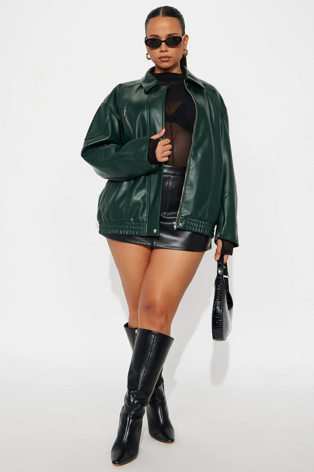 More To Come Faux Leather Bomber Jacket - Hunter 