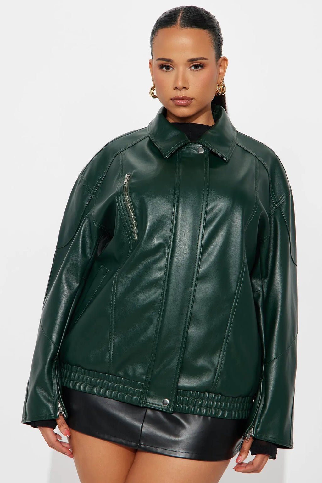 More To Come Faux Leather Bomber Jacket - Hunter 