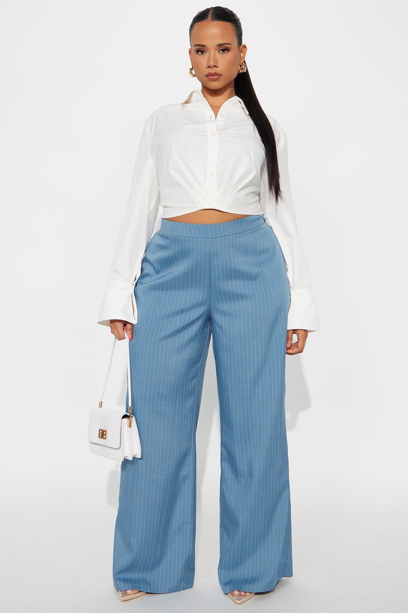 Don't Need To Pretend Pinstripe Wide Leg Trouser Pant 33 - Slate Blue 