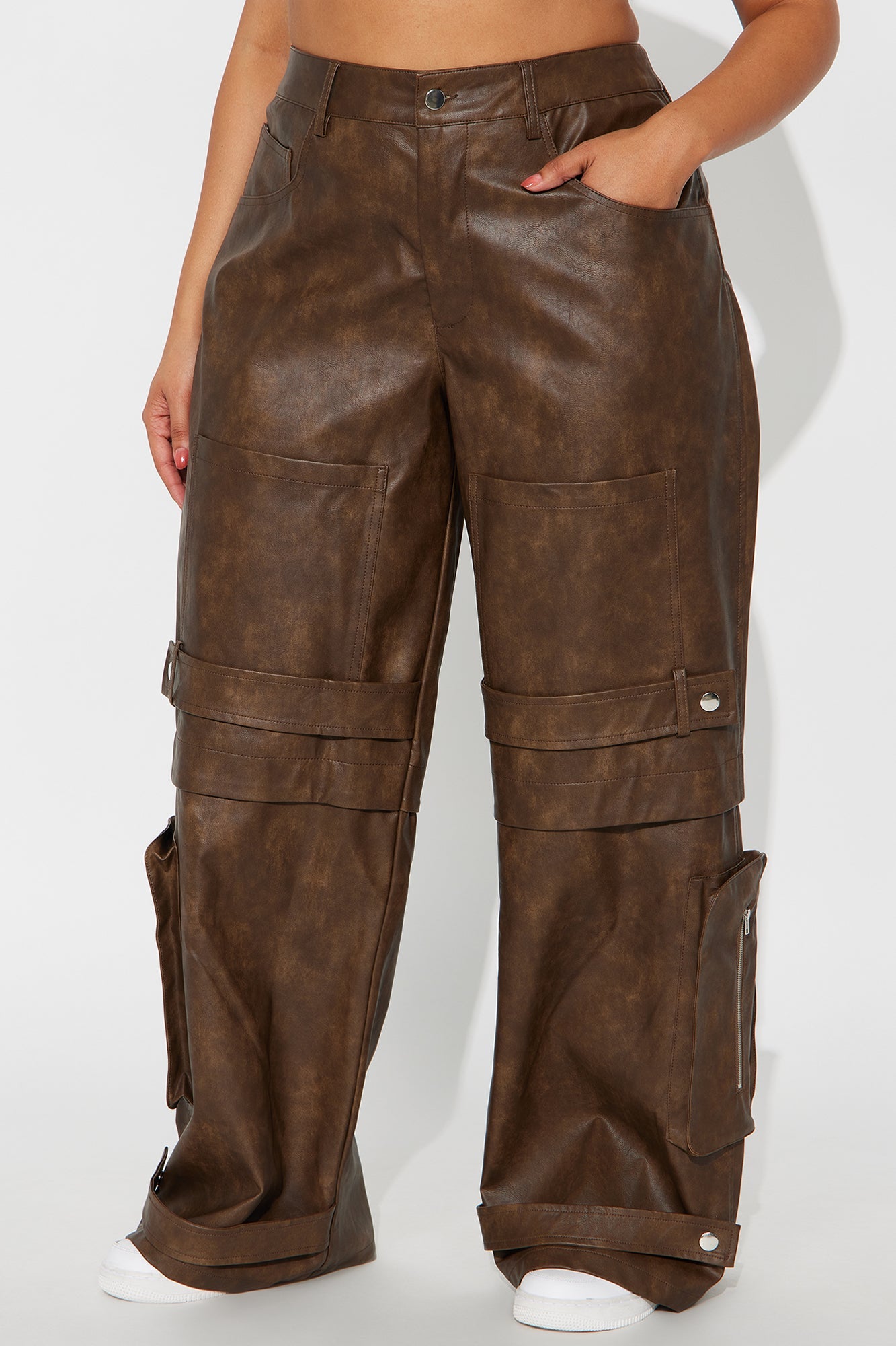 Street Heat Washed Faux Leather Cargo Pant - Brown