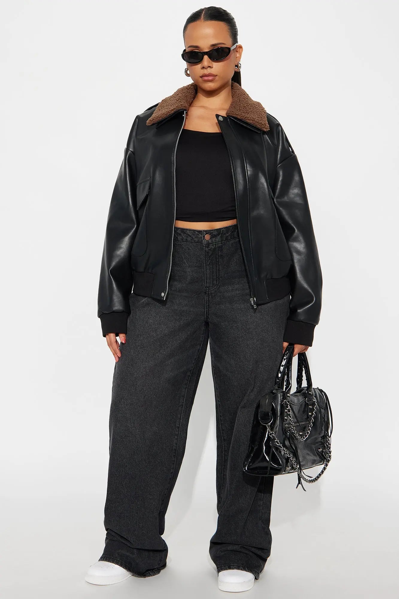 Jess Faux Leather Bomber Jacket - Black/Brown 