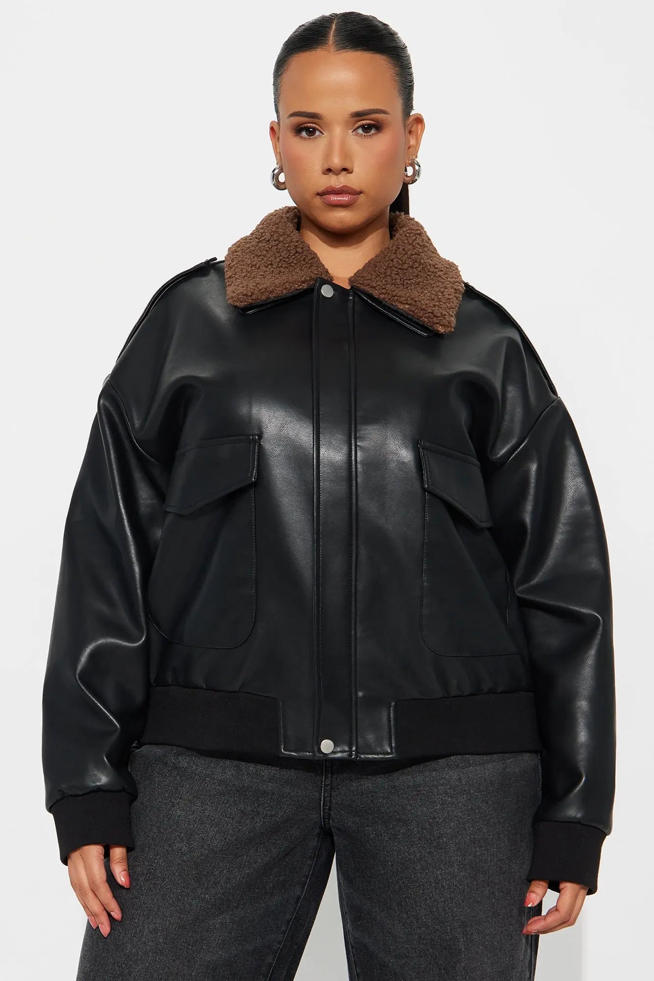 Jess Faux Leather Bomber Jacket - Black/Brown 