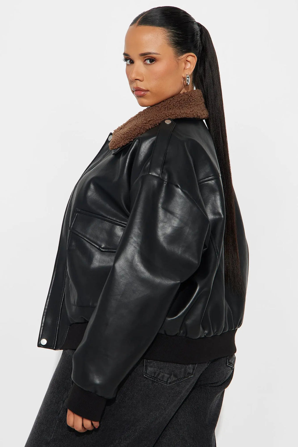 Jess Faux Leather Bomber Jacket - Black/Brown 