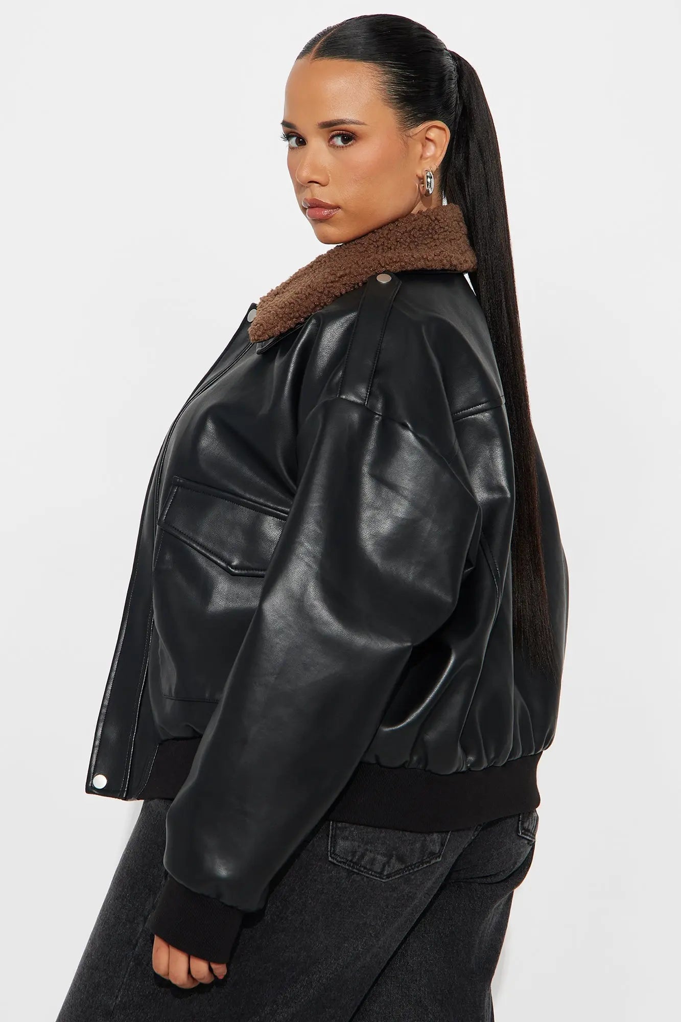 Jess Faux Leather Bomber Jacket - Black/Brown 