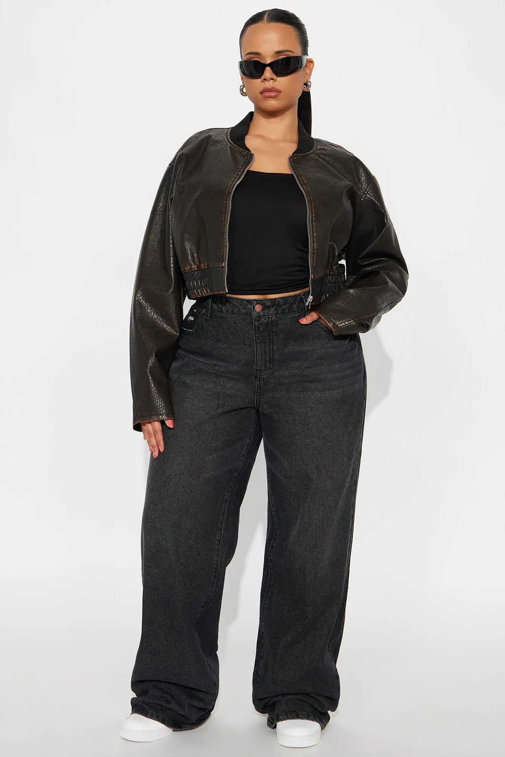 Hailey Cropped Washed Faux Leather Bomber Jacket - Brown 