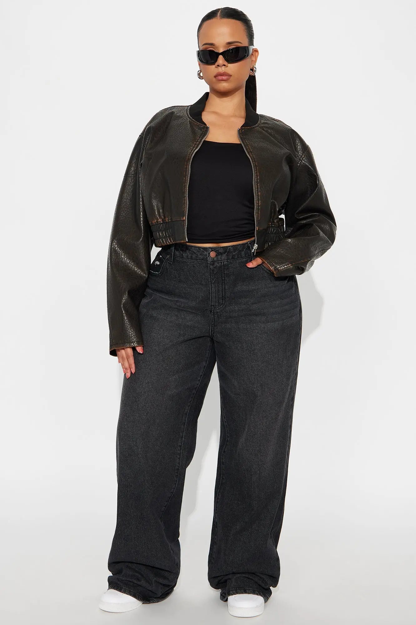 Hailey Cropped Washed Faux Leather Bomber Jacket - Brown 