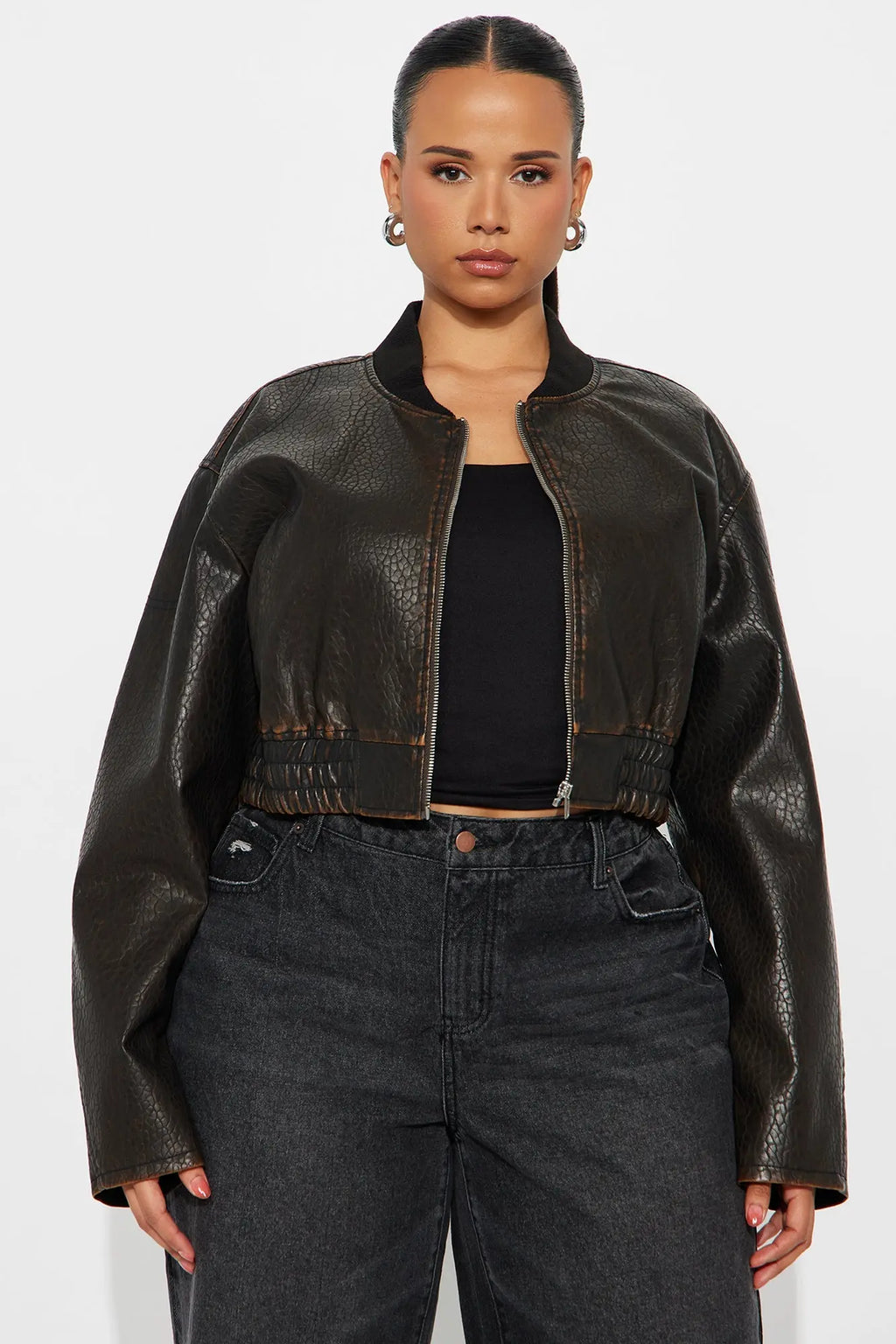Hailey Cropped Washed Faux Leather Bomber Jacket - Brown 