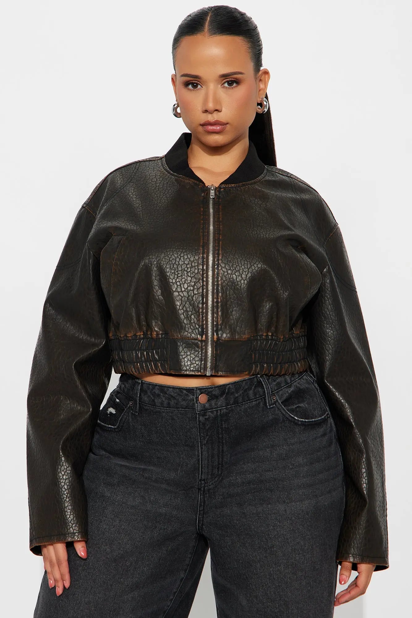 Hailey Cropped Washed Faux Leather Bomber Jacket - Brown 