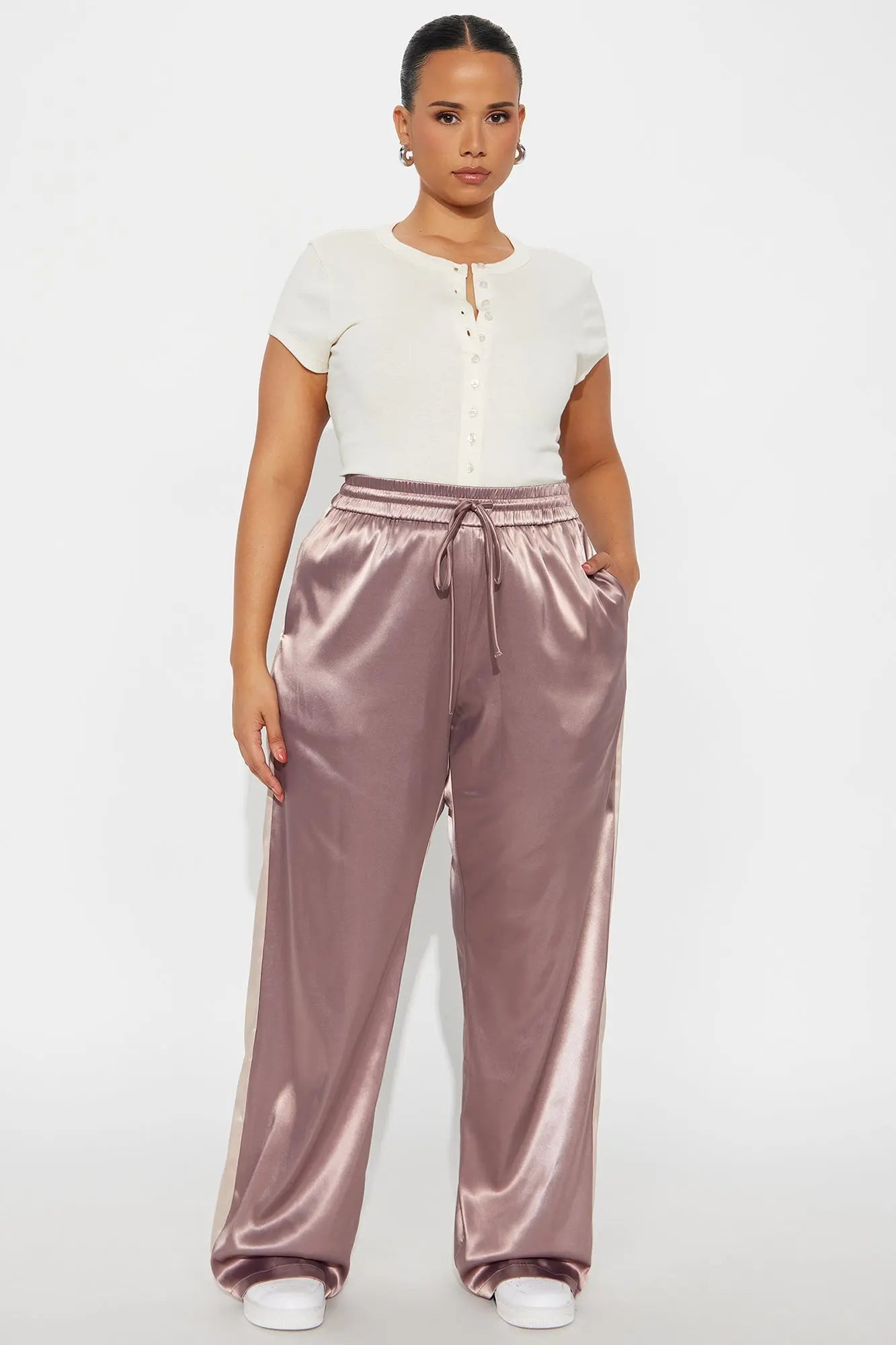 Bossed Up Satin Wide Leg Pant 33″ - Mocha/combo 