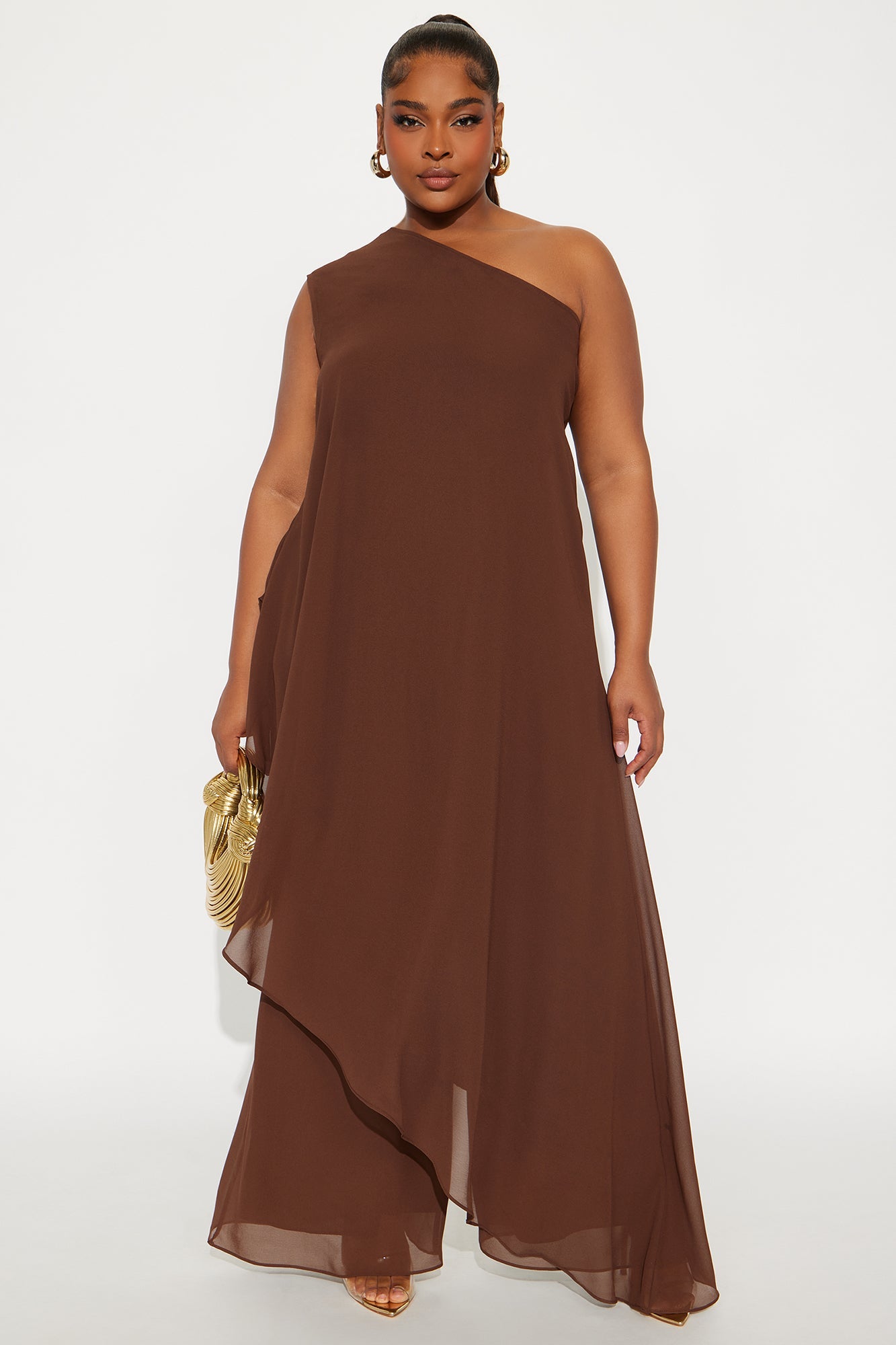 Something Special Draped Asymmetrical Chiffon Pant Set - Chocolate 