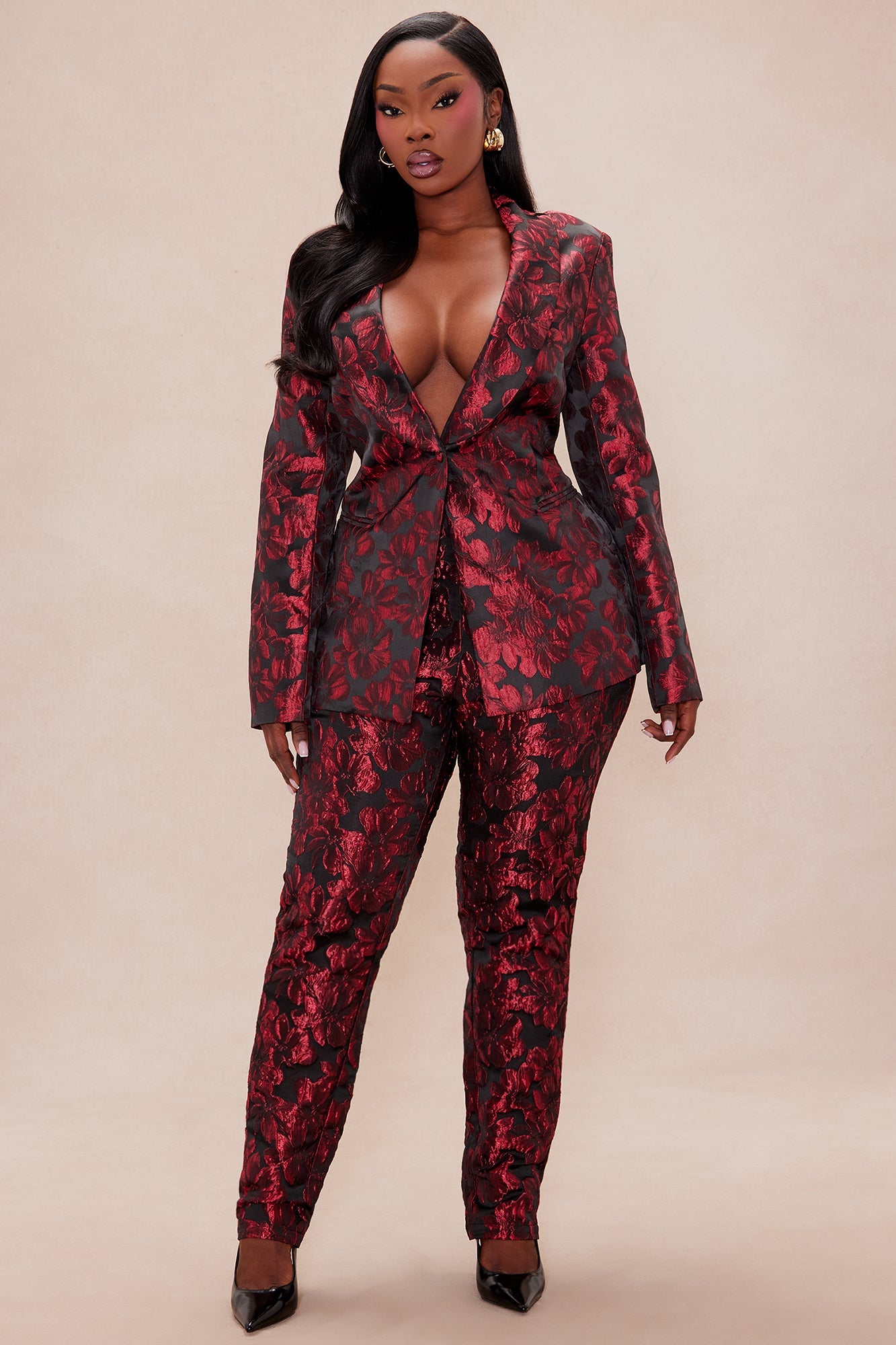 Crimson Touch Jacquard Blazer Pant Set - Red/Black 