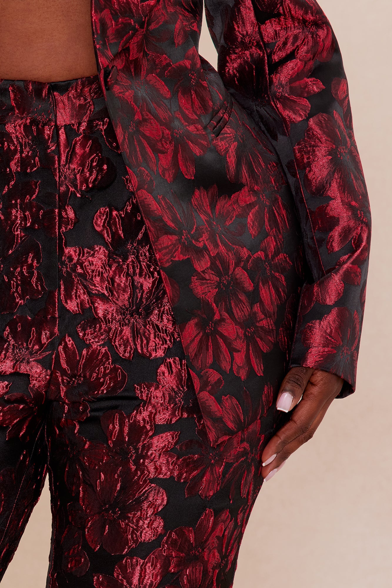 Crimson Touch Jacquard Blazer Pant Set - Red/Black 
