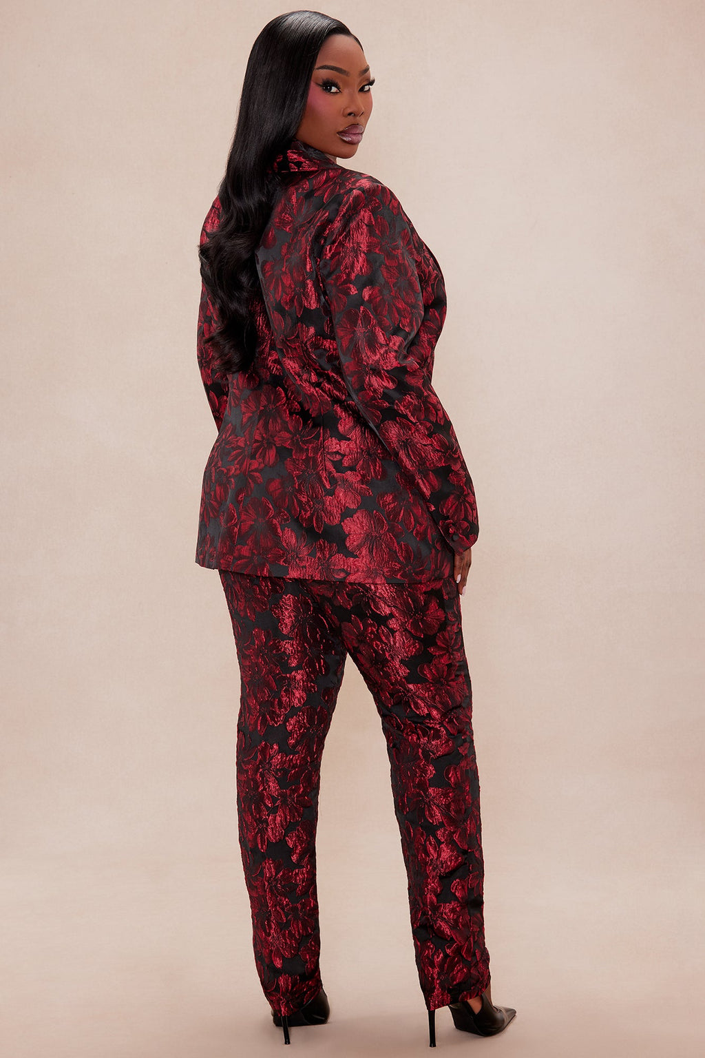 Crimson Touch Jacquard Blazer Pant Set - Red/Black 