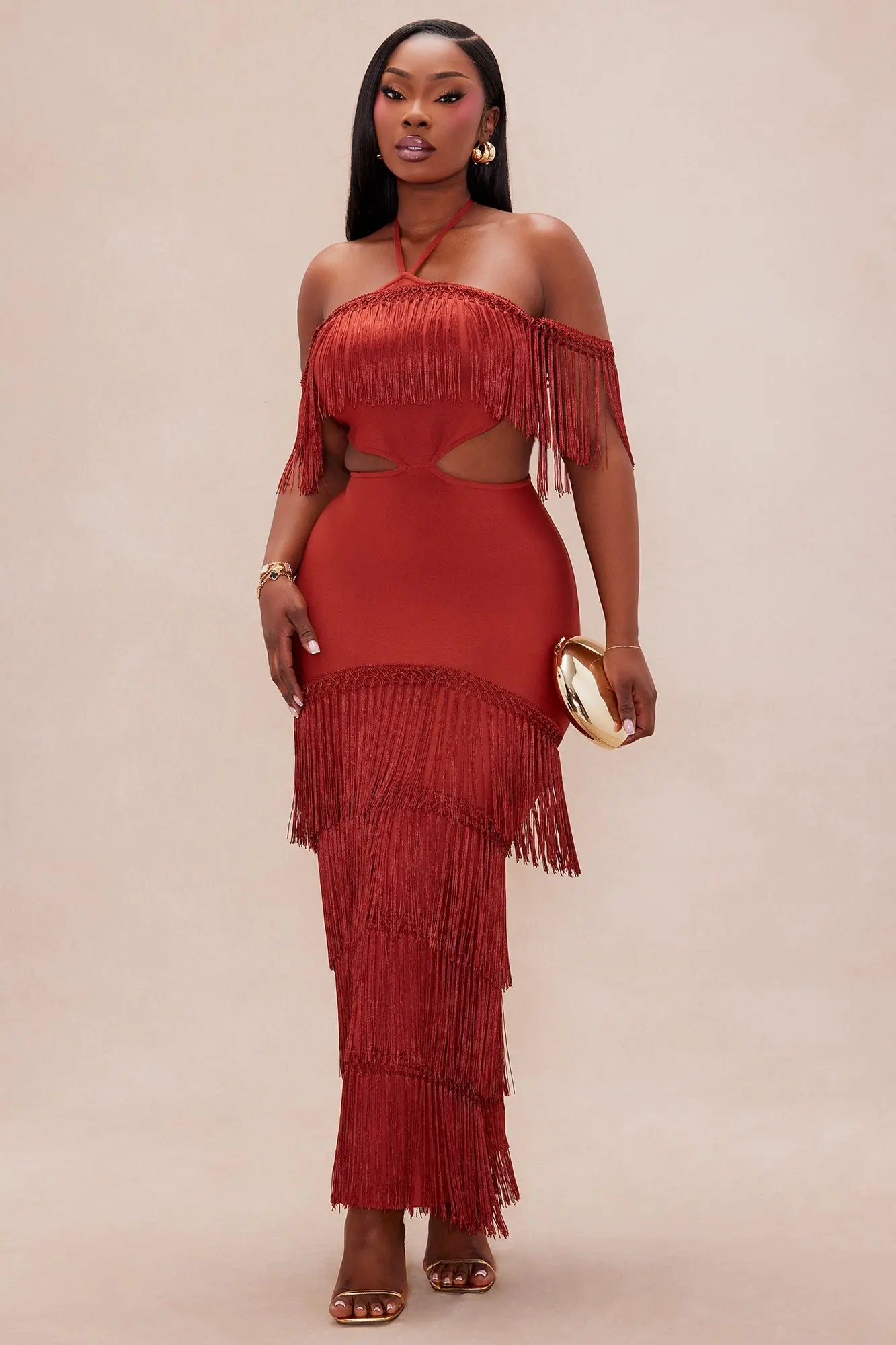 Narissa Fringe Maxi Dress - Rust 