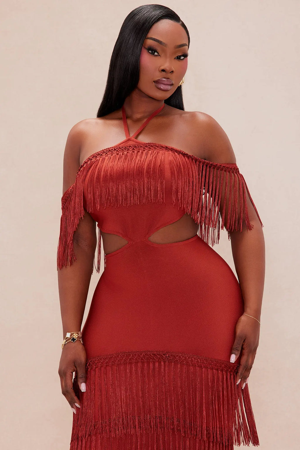 Narissa Fringe Maxi Dress - Rust 