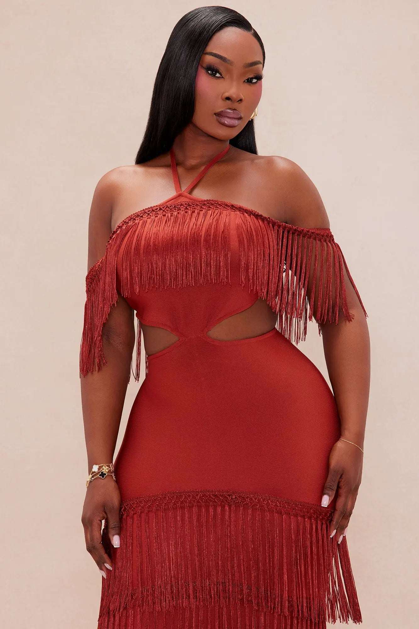 Narissa Fringe Maxi Dress - Rust 
