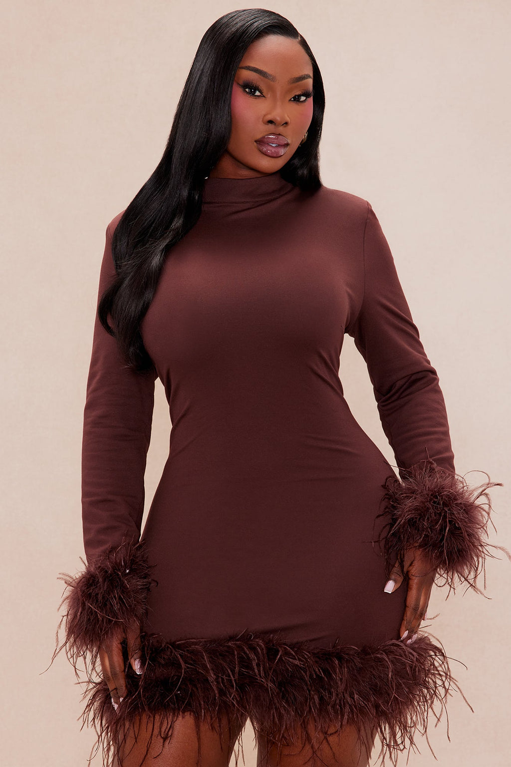 Cora Feathered Turtle Neck Mini Dress - Chocolate 